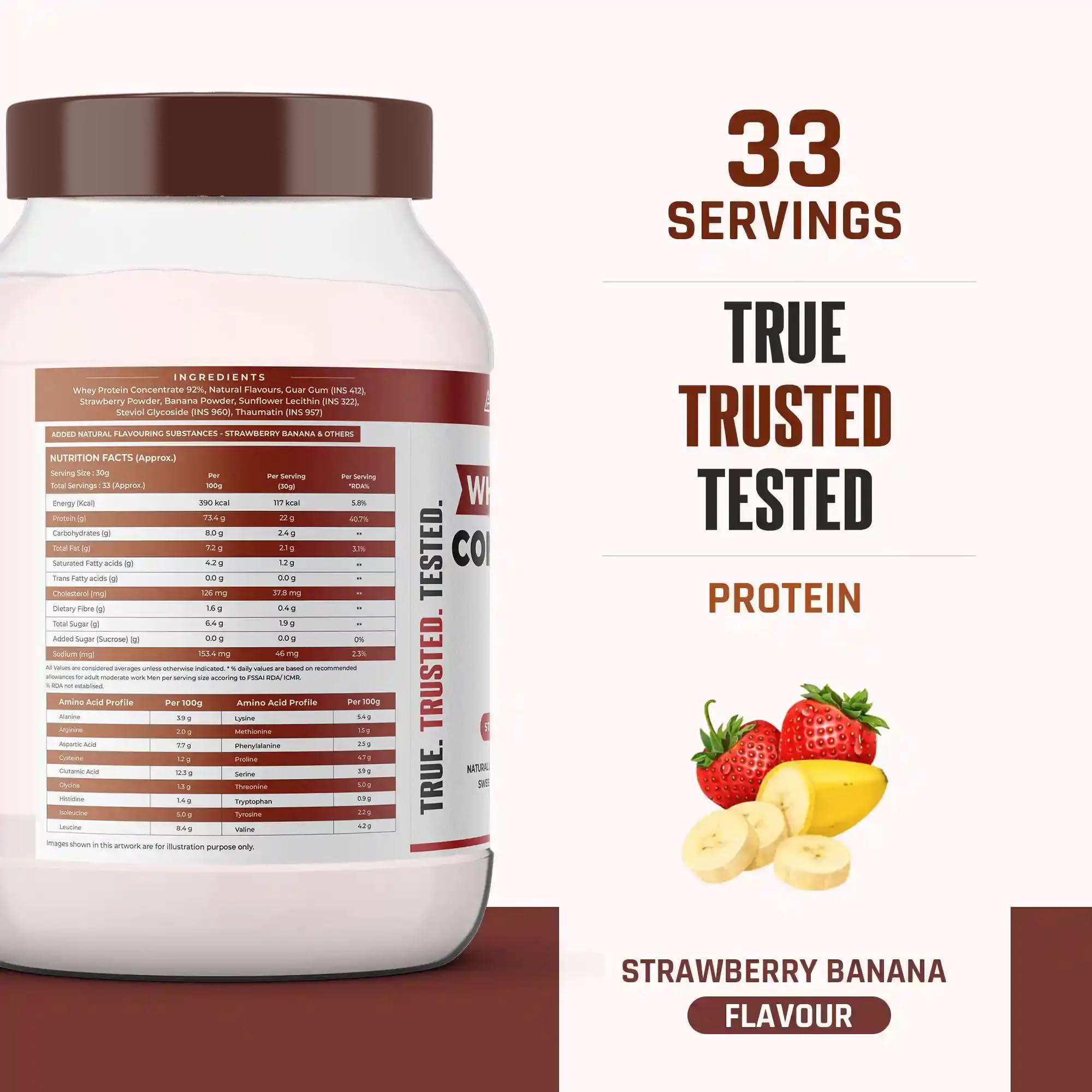 NATURALTEIN NATURALTEIN Natural Whey Protein Concentrate Strawberry Banana - 1 kg (Naturally flavored, Non GMO, No Artificial Sweeteners)