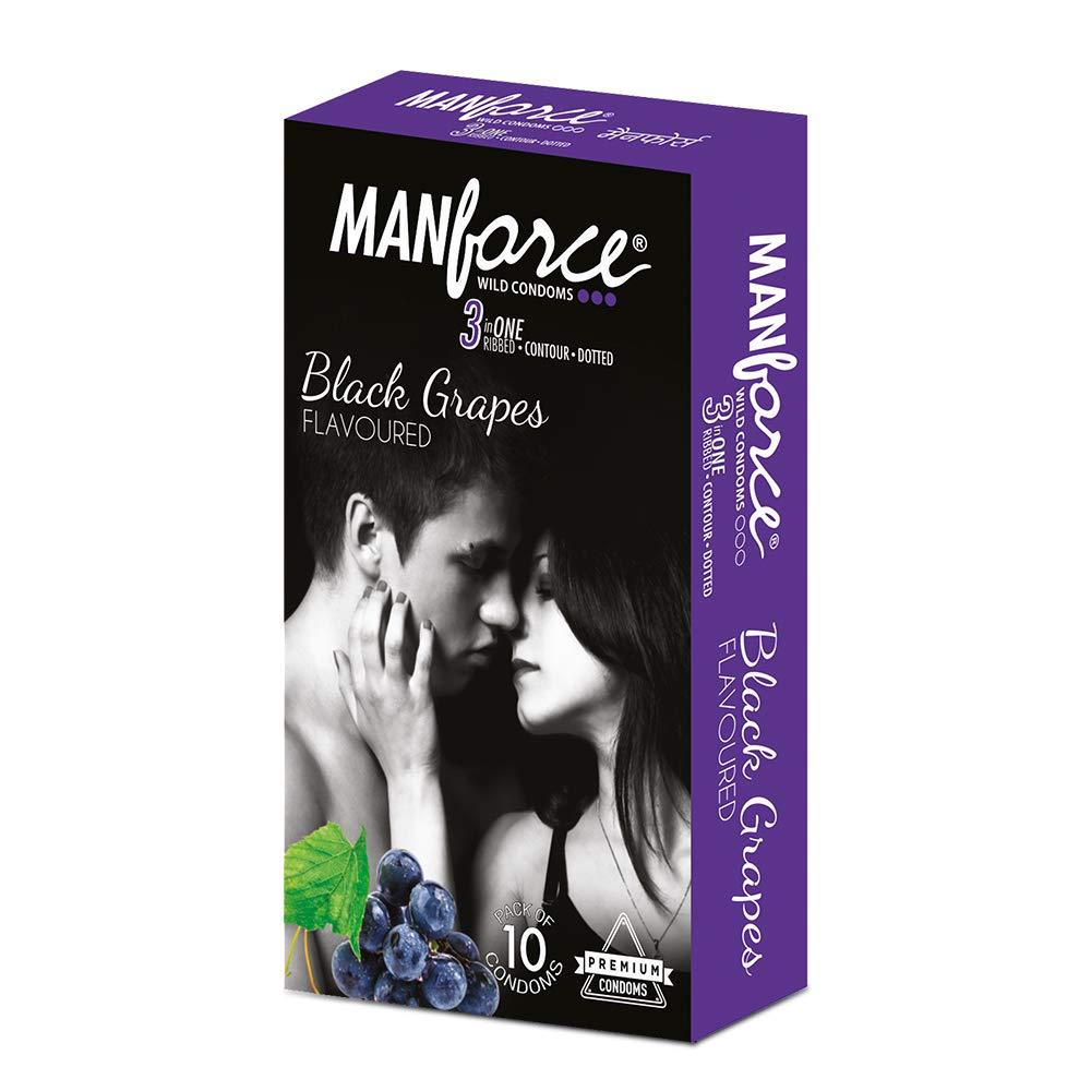 Manforce Manforce 3 in 1 Wild Condoms (Ribbed, Contour, Dotted), Black Grapes Flavoured- 10 Pieces (Pack of 5)