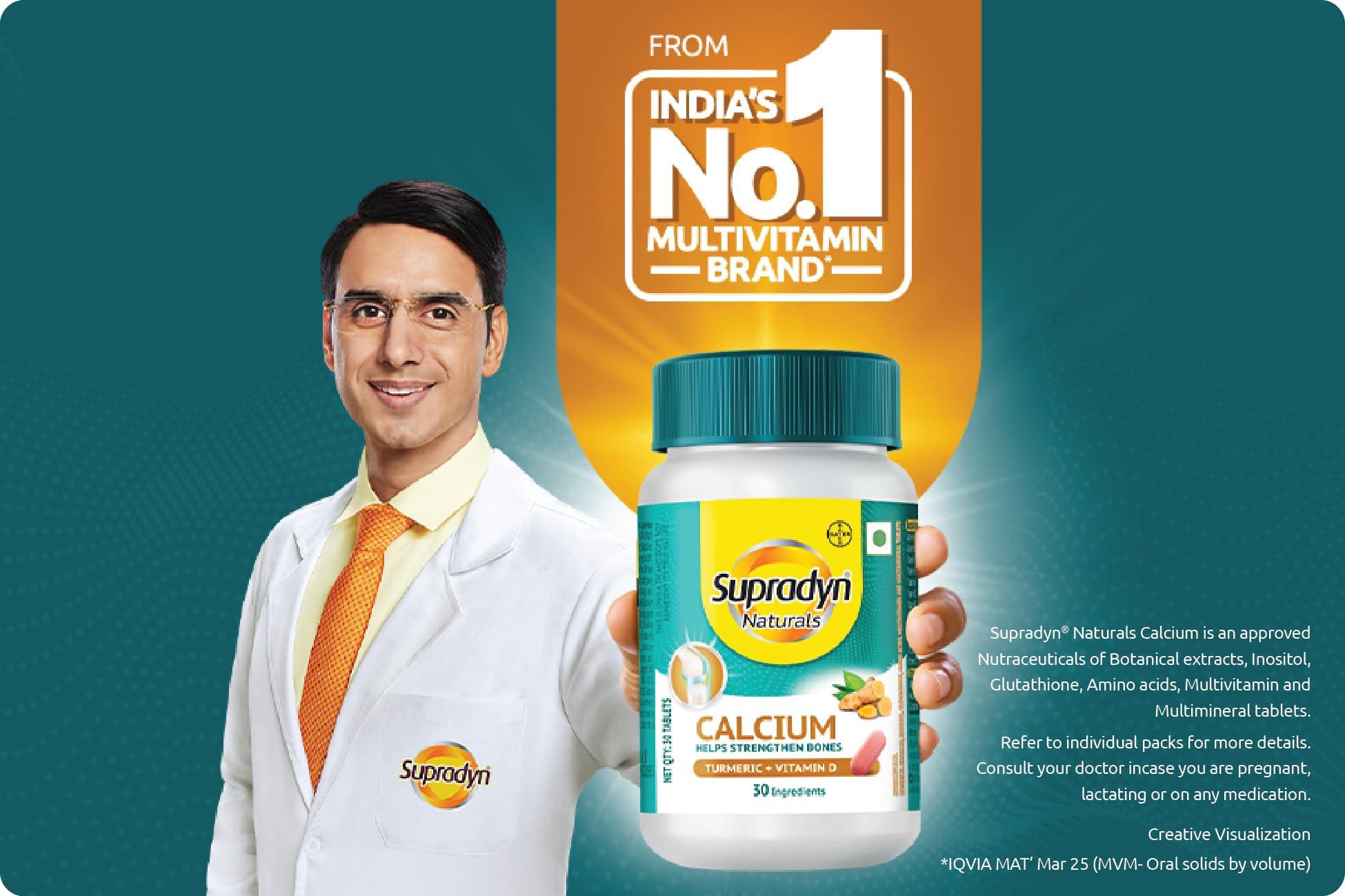 Supradyn Supradyn Naturals Calcium for Men and Women|Multivitamin with Vitamin D, Magnesium, Zinc, Vitamin B 12 & Turmeric|For Bone health and Joint support|Pack of 60 tabs|Veg