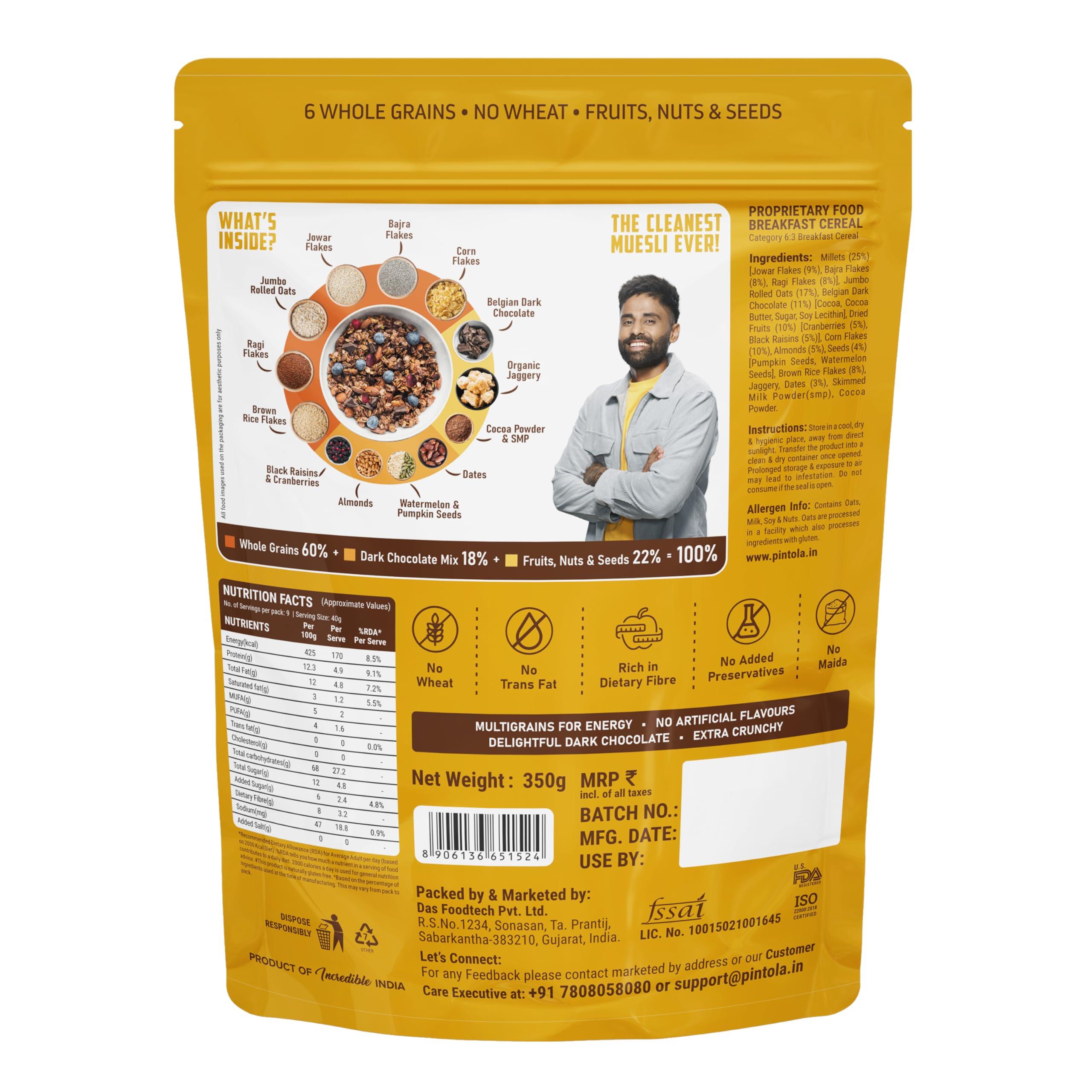 Pintola Pintola Dark Chocolate & Cranberry Muesli with 25% Millet & 60% Wholegrains 400g, Cereals for Breakfast with 6 Varied Nuts & Seeds, No Preservatives, High Protein Muesli, Fibre Rich, Cholesterol Free