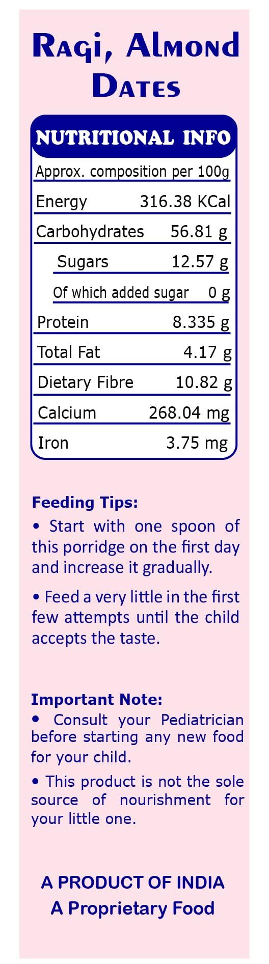 Happy Tumms Happy Tumms Organic Sprouted Ragi Almond Dates Porridge Mix | NO HIDDEN SUGAR | Made of Sprouted Ragi Powder for baby | Sprouted Ragi for Calcium, Iron | Real Food No Chemicals | Available in Trial Baby Packs too | Shelf-life 9 month | 200g
