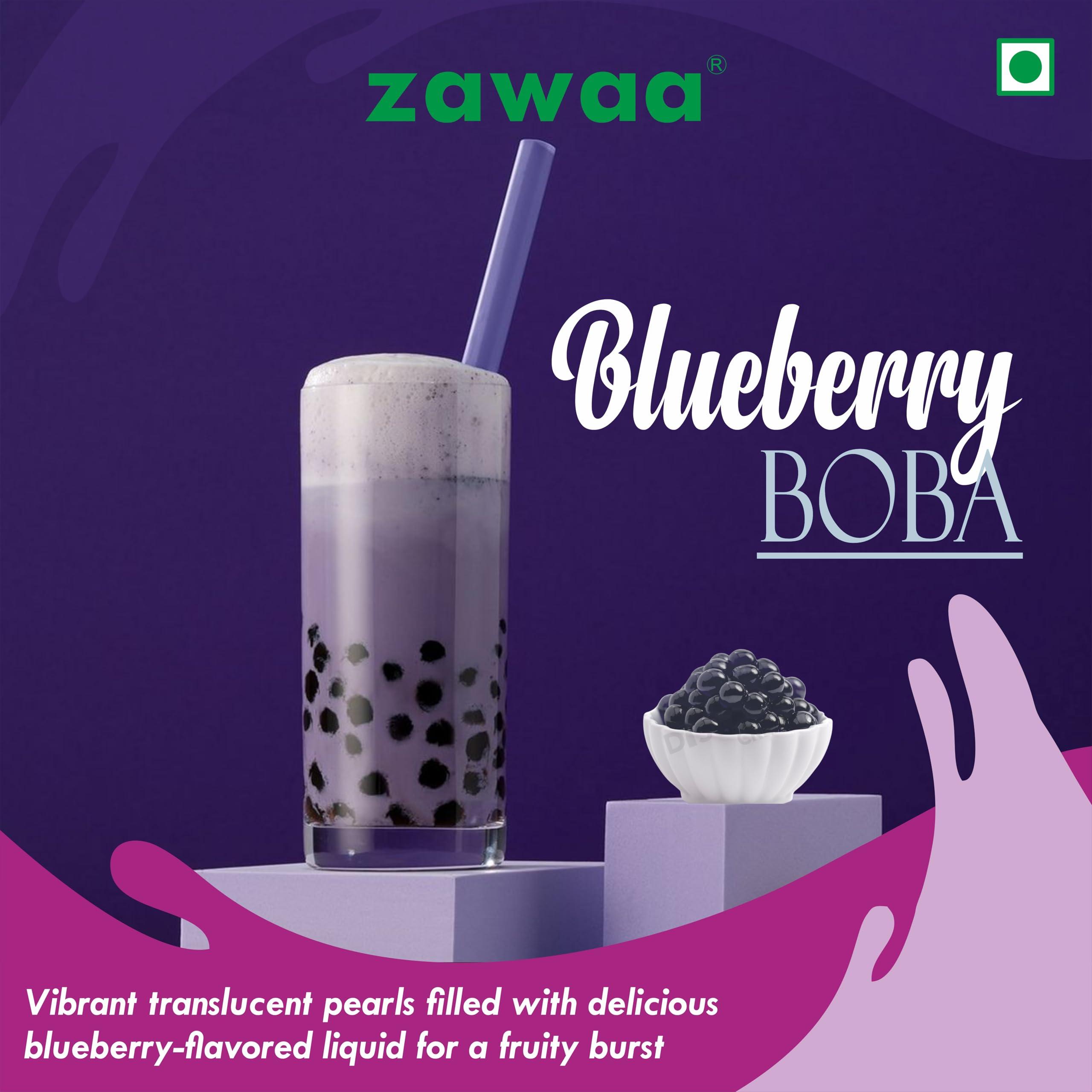 ZAWAA ZAWAA Foods Blueberry Popping Boba Pearls 1Kg - Bursting Bubble Tea With 10 Free paper straw, Vegan | Perfect for Ice-cream, Tea, Smoothies, Falooda, Puddings, Cakes, Froyo, Milkshake, Coffee- Hot & Cold Milk Drinks
