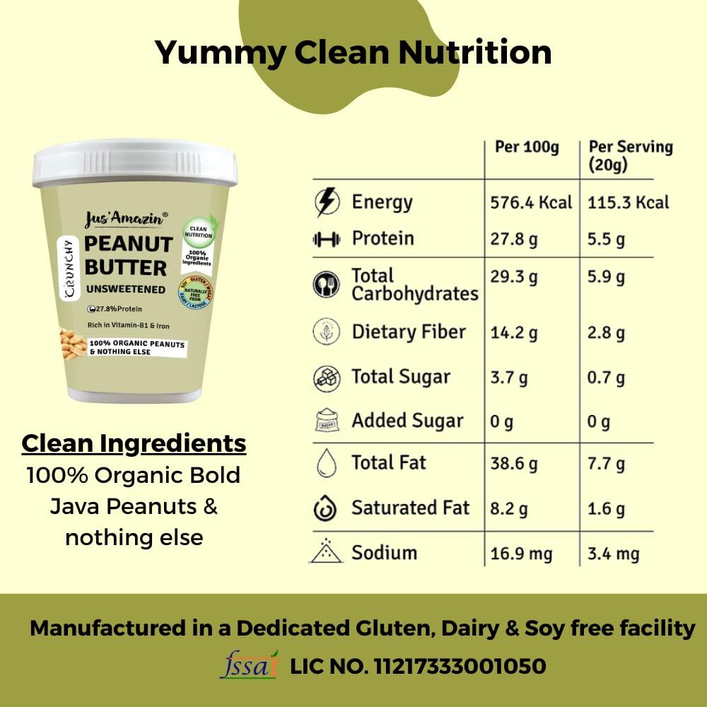 Jus' Amazin Jus\' Amazin Crunchy Peanut Butter - Unsweetened | 27.8% Protein | Single Ingredient - 100% Peanuts (no added Sugar/Salt) | Vegan | Dairy Free | Keto (Organic Peanut Butter Crunchy, 1 kg (Pack of 1))