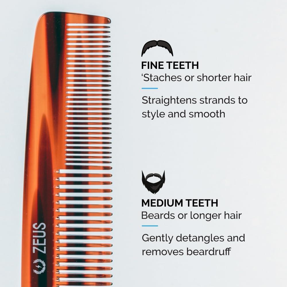 ZEUS ZEUS 7.5\" Saw-Cut Handmade 2-in-1 Beard & Mustache Comb, Tortoiseshell