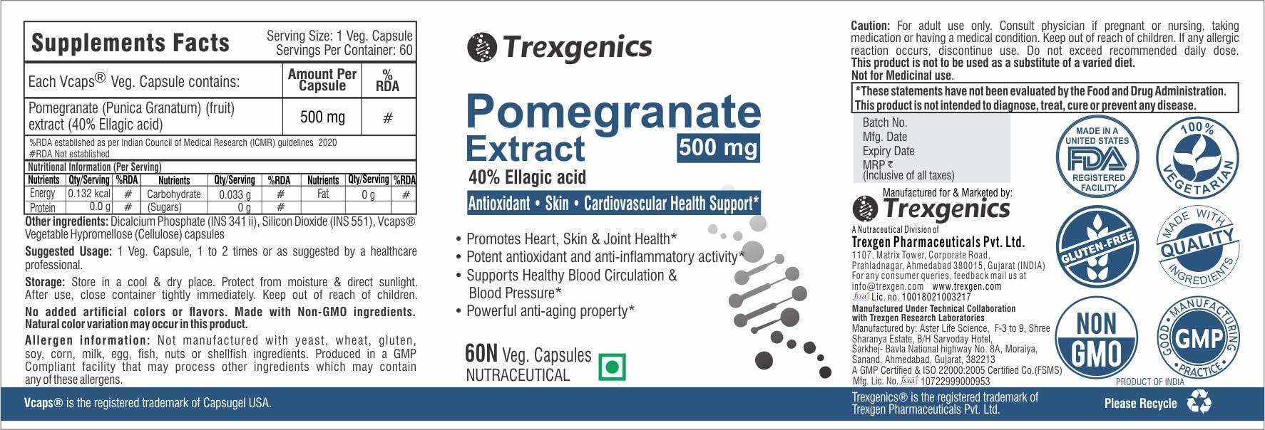 Trexgenics Trexgenics® POMEGRANATE (Bioactive 40% Ellagic acid) Seed Extract 500 mg Antioxidant, Skin Care, Blood circulation, Cardiovascular Health Support (60 Vcaps) (Pack of 3)
