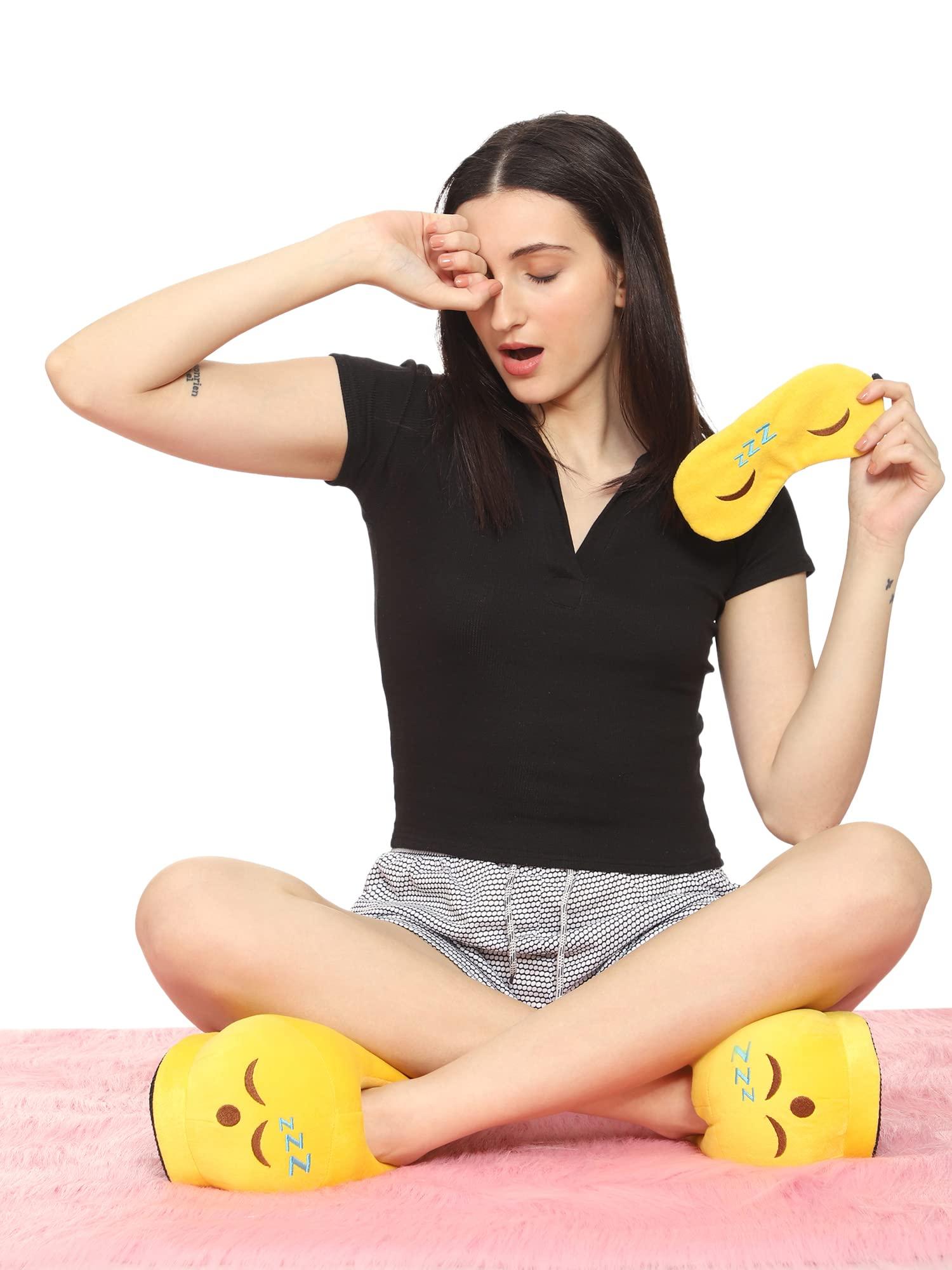 Qualtos Qualtos Sleep Emoji Plush House Indoor Bedroom Mens Yellow Slipper Free Size & matching Eye Mask