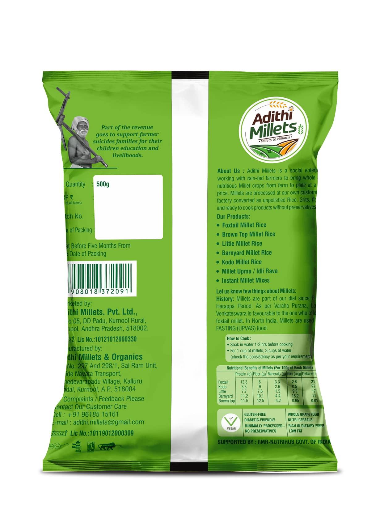 Adithi Millets Siridhanya 1.5kg BrownTop,Foxtail&Barnyard Milet 3packs 500gms whole grains organic Combo pack unpolished Siridhanya Millets Rice