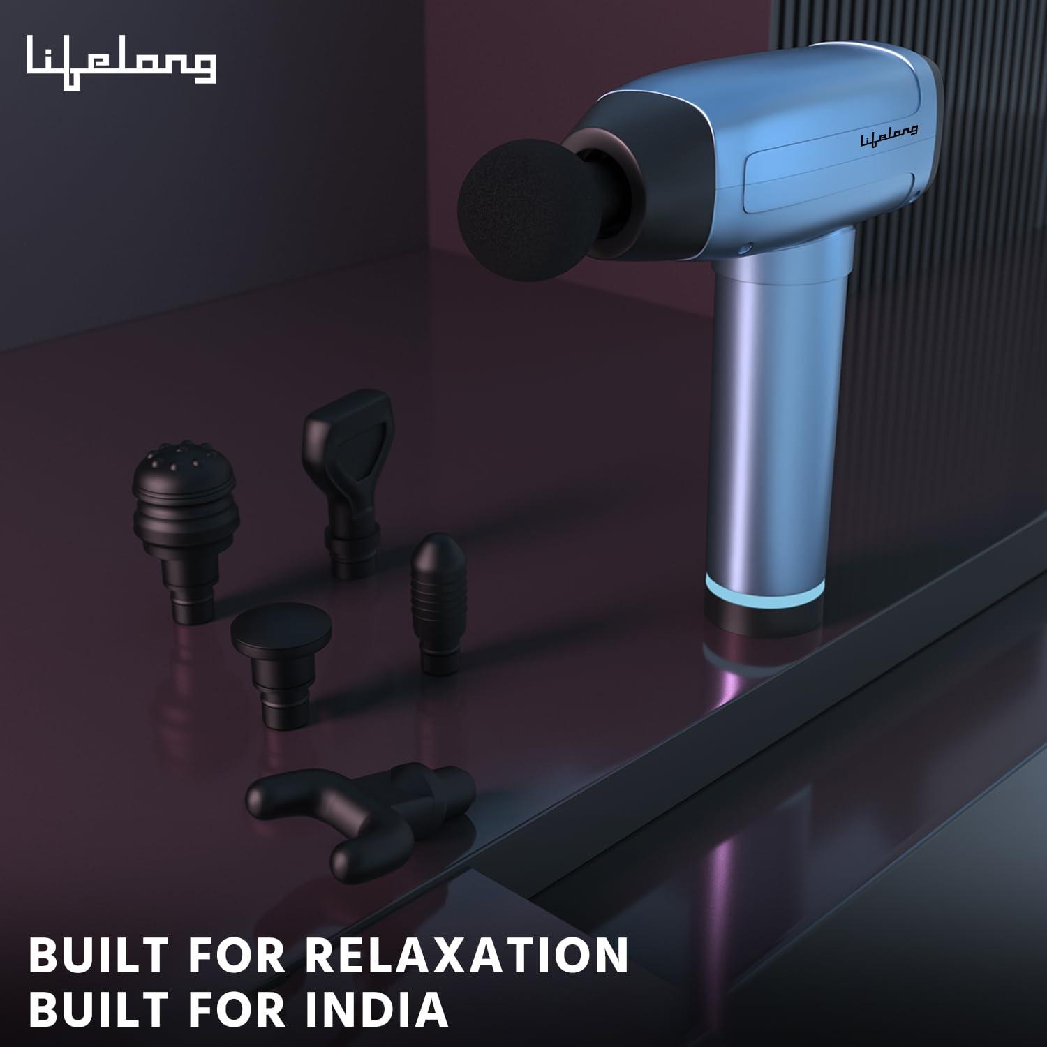 Lifelong Lifelong Gun Massager | Percussion for Full Body Pain Relief | 6 Heads | LED Touch | 30 Speed Levels | Premium Bag (LLGM144, Blue)