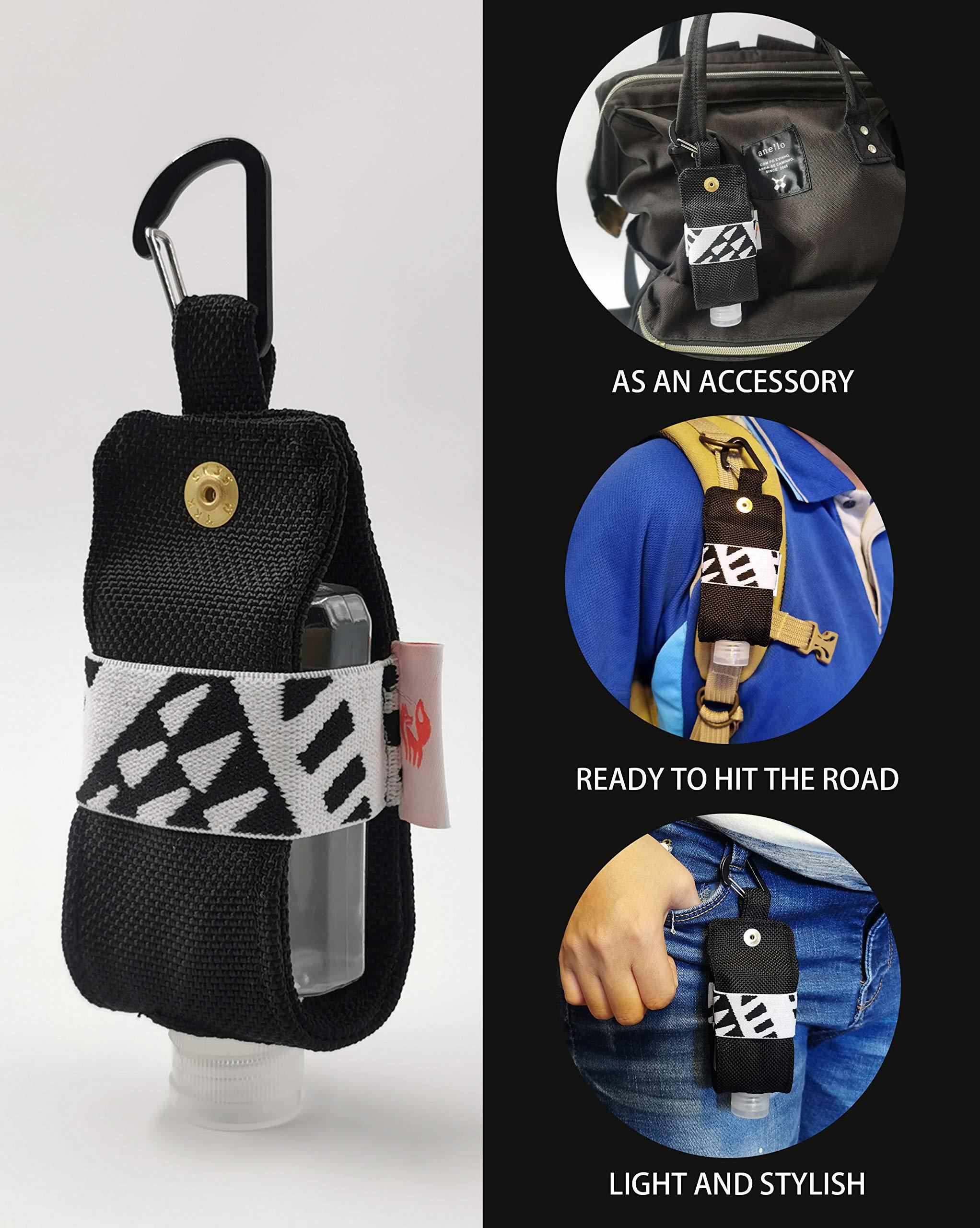 SUCHI Travel Size Hand Sanitizer Holder,Bottle Case and Carabiner Carrier bag-Portable Mini Waist Bag for Liquids Clip On Belt Loop, Backpack and Purse - Includes Empty 60ml/ 2 oz . Reusable Bottle (Black)