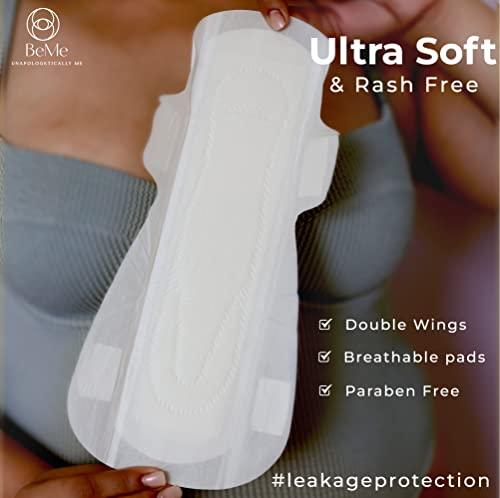 Be Me Be Me - Sanitary Pads for Women - Double Wing - For Heavy Flow & Overnight Pad - With Brown Disposal Pouches, Rash Free, Biodegradable, Anti Bacterial Napkin (Extra Large - Pack of 12 Pads)