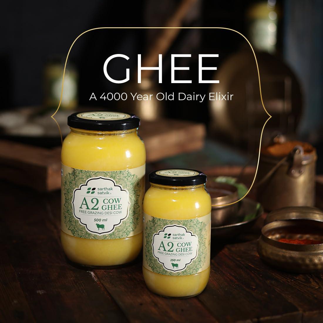 Sarthak Satvik Sarthak Satvik A2 Cow Ghee Desi Organic Butter Pure Nutrient Rich Ghee Made With Traditional Binola Method,Unsalted And Original Ghee,Natural Flavour,Lactose-Free And Keto-Friendly,250 Ml (Pack Of 1)