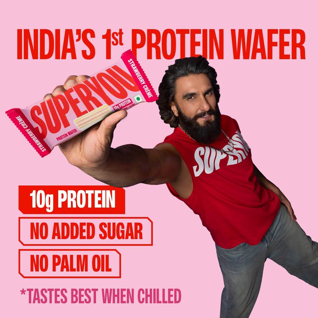 Superyou SuperYou Strawberry Protein Wafer Bars (Pack of 10)|10g Protein, 3g Fiber, No Added Sugar|Yeast Fermented Protein|Energy Bars|Crunchy Wafer Bar|100% Vegetarian|No Palm Oil|400g