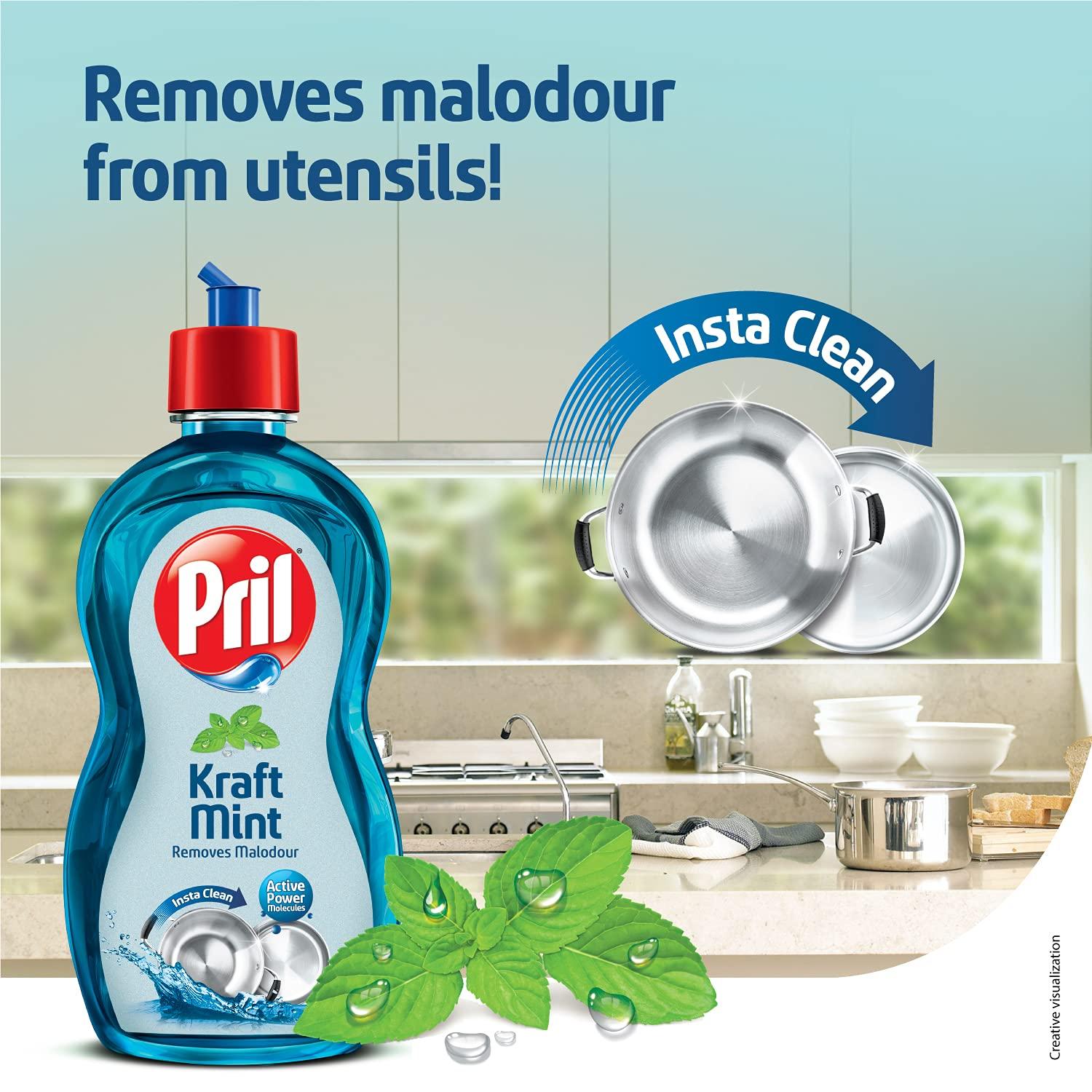 Pril Pril Kraft Mint Liquid Dishwash Gel - 425ml - Malodour Removal Specialist | Insta Clean | Suitable for cleaning Non-Veg Cooked Utensils or Strong Smelling Food was served | Zero White Residue
