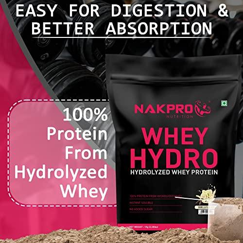 NAKPRO NAKPRO HYDRO Whey Protein Hydrolyzed | 25.4g Protein, 5.8g BCAA | Easy Mixing, Low Carbs, Easy Digesting Whey Protein Supplement Powder for Men, Women & Athletes | 1 Kg (Vanilla)