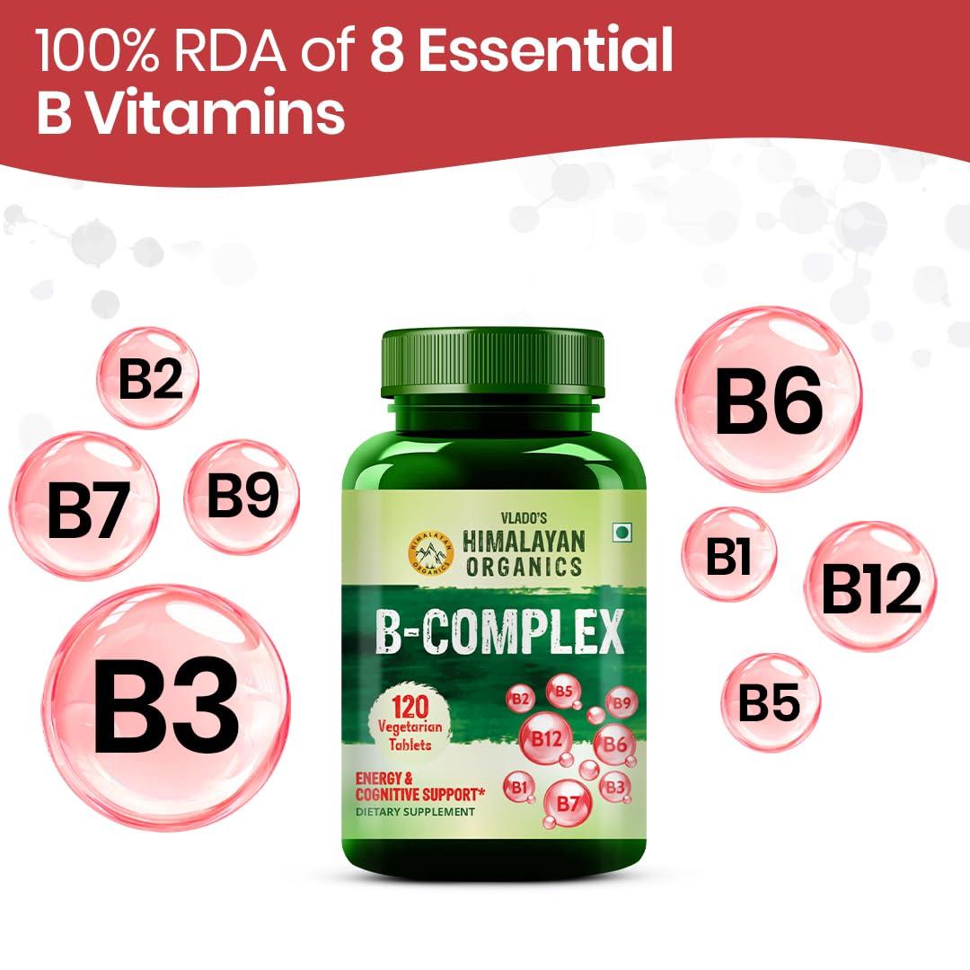 HIMALAYAN ORGANICS Himalayan Organics Vitamin B Complex with 100% RDA B1, B2, B3, B5, B6, B7, B9 & B12 | Hair Growth, Energy & Immunity | Youthful Skin - 120 Veg Tablets