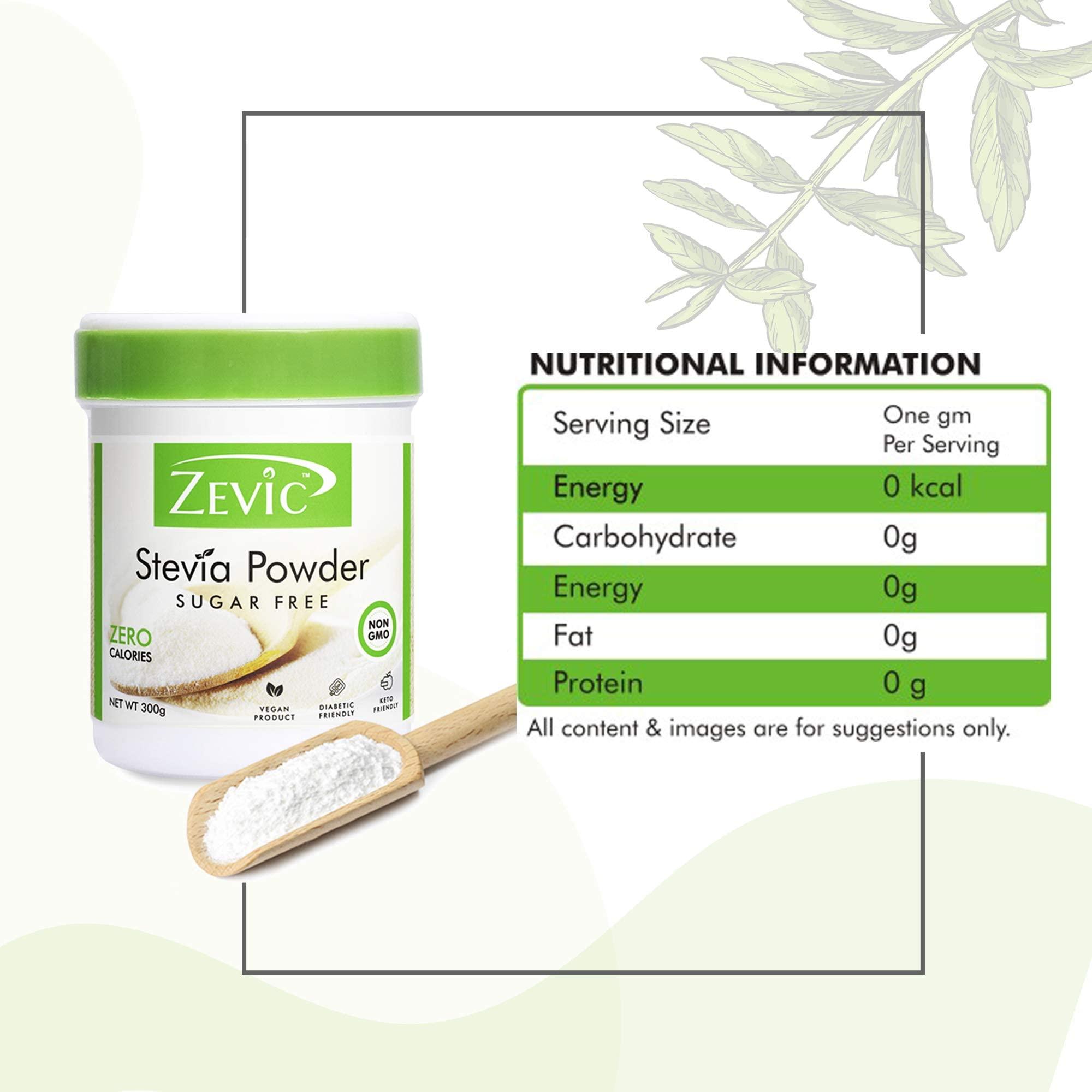 ZEVIC Zevic 100% Sugar Free Natural Stevia Powder | Zero Calories | Vegan | Keto & Diabetic Friendly - 300g