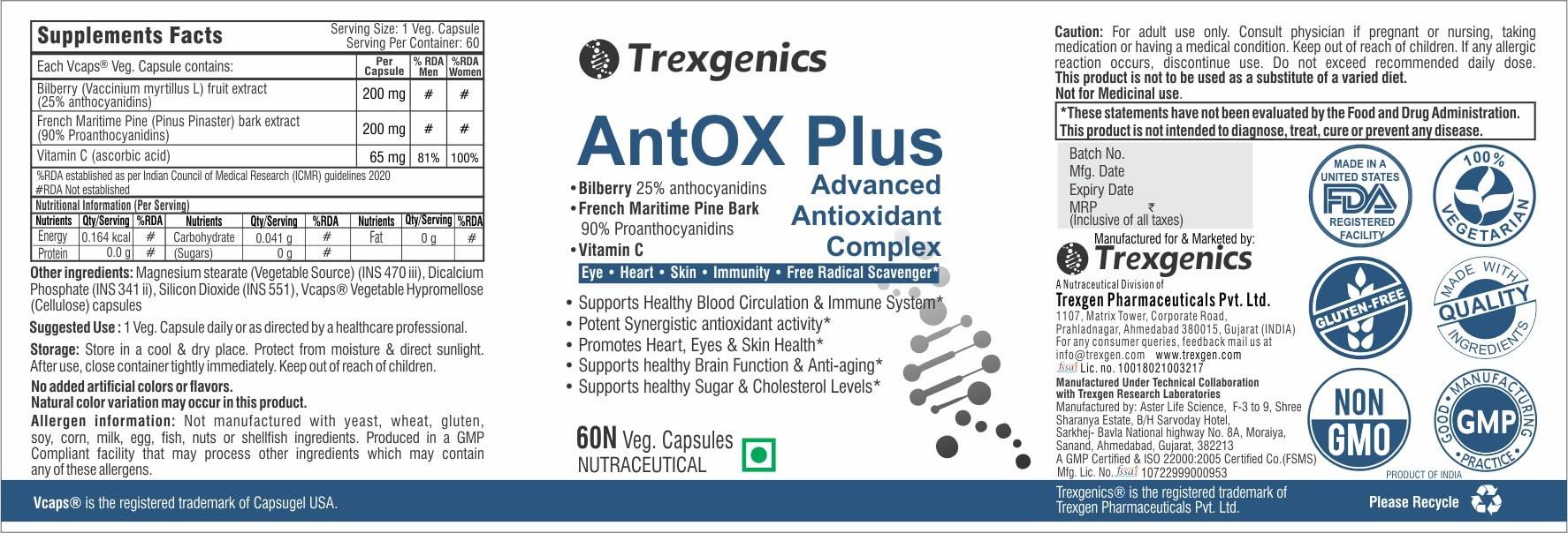 Trexgenics Trexgenics ANTOX PLUS Bilberry 25% 200 mg, Pine bark 90% 200 mg & Vitamin C Advanced Antioxidant complex, Heart, Eyes, Skin, Immunity, Metabolism (60 Vcaps) (1)