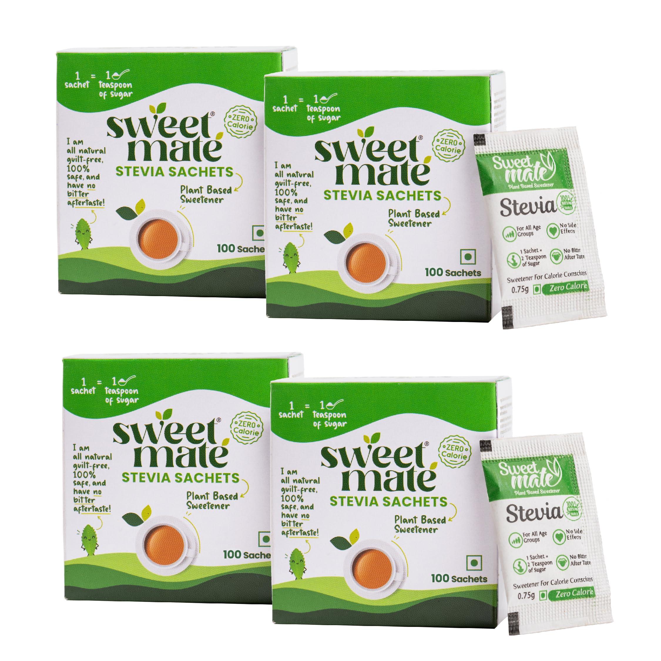 Sweetmate Sweetmate Stevia Sachets (100 Sachet x Pack 4) - 400 Servings | 100% Sugar Free, Natural, Diabetic Friendly | Plant-Based Natural Sweetener Powder, Zero Calories | Vegan & Keto Friendly Stevia Powder