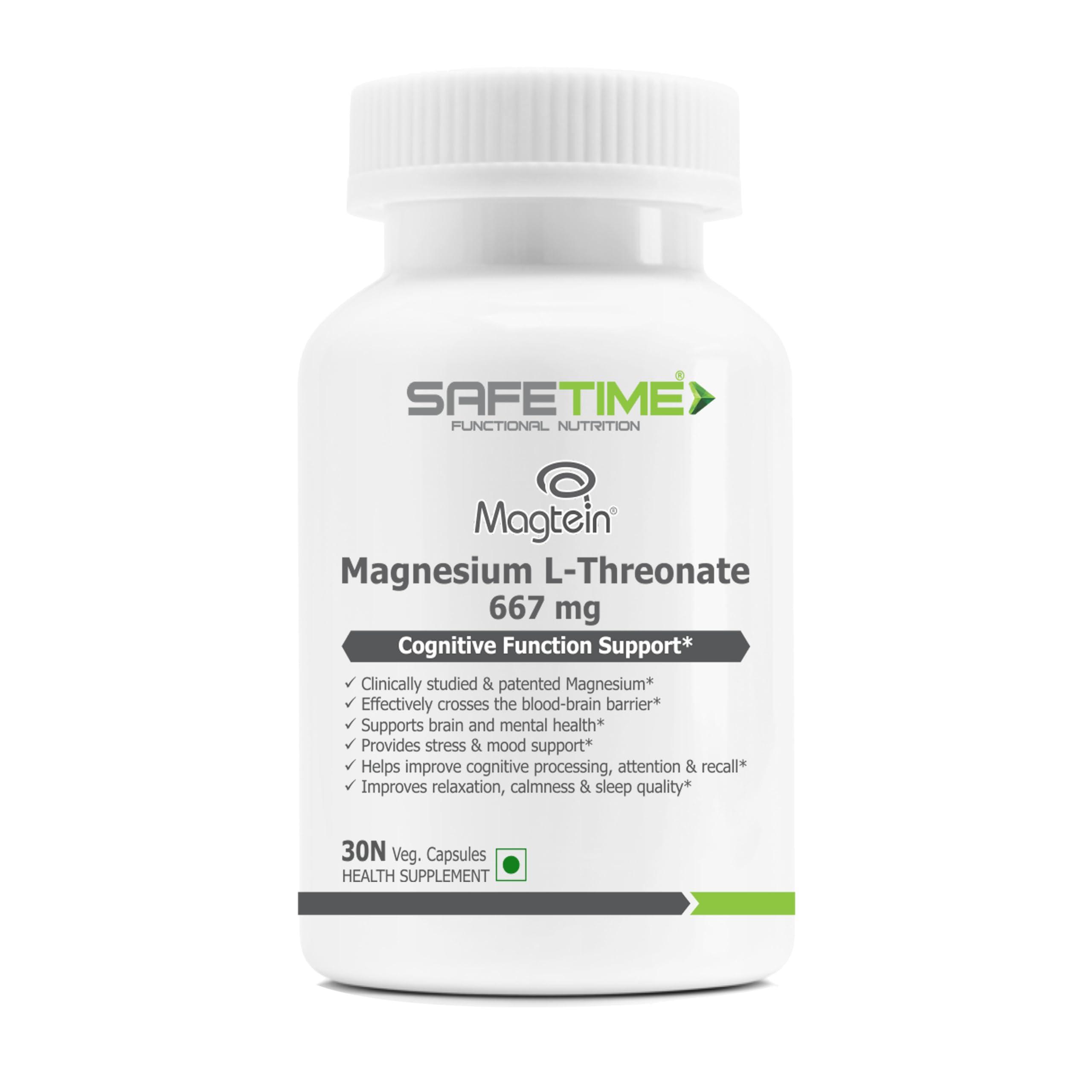 SAFETIME SAFETIME FUNCTIONAL NUTRITION Magtein Magnesium L Threonate Cognitive Function & Brain Health Support (30 Veg. Capsules) (Pack of 1)