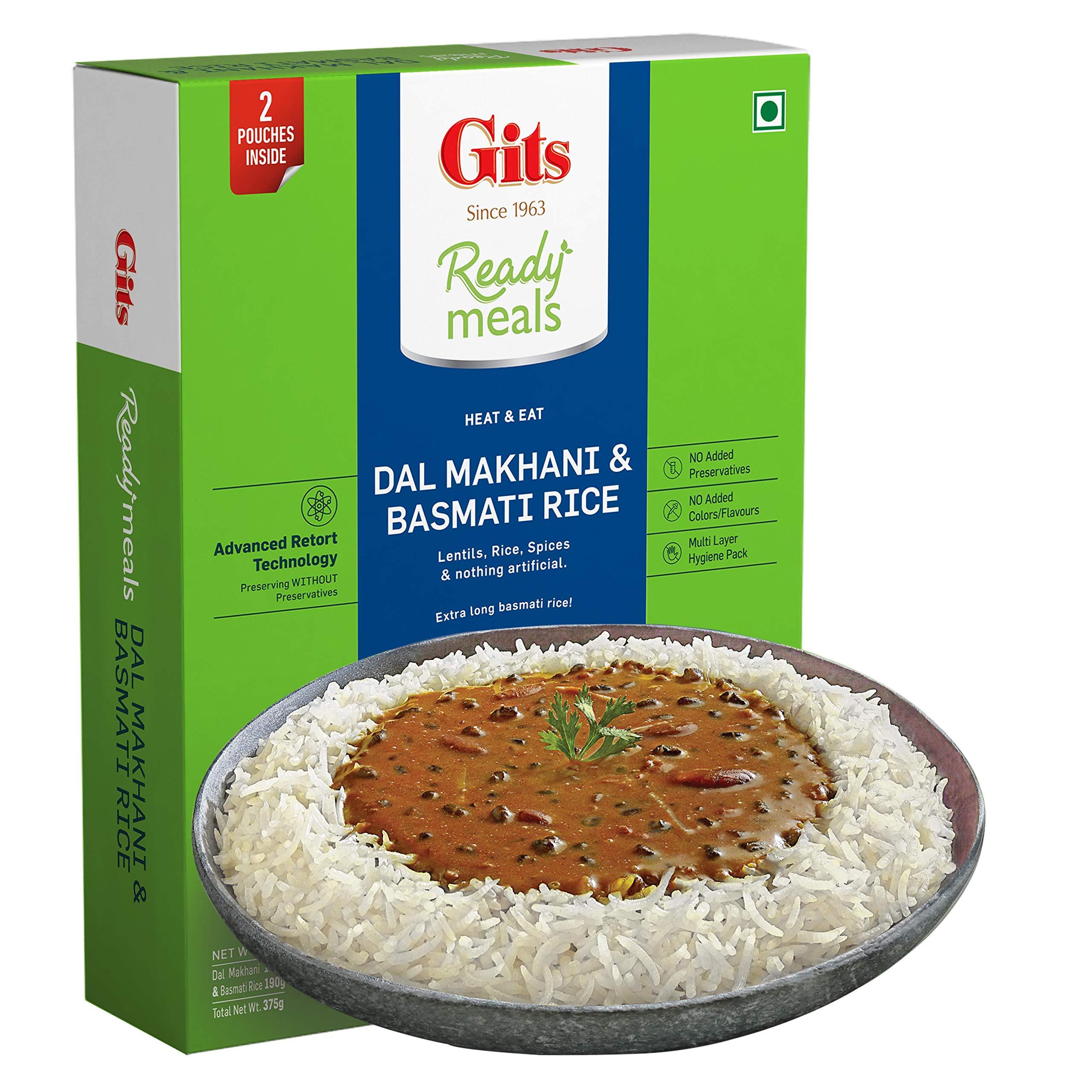 Gits Gits Ready to Eat Basmati Rice + Dal Makhani Combo Indian Meal, Pure Veg Heat and Eat, 1125g (Pack of 3 X 375g Each)