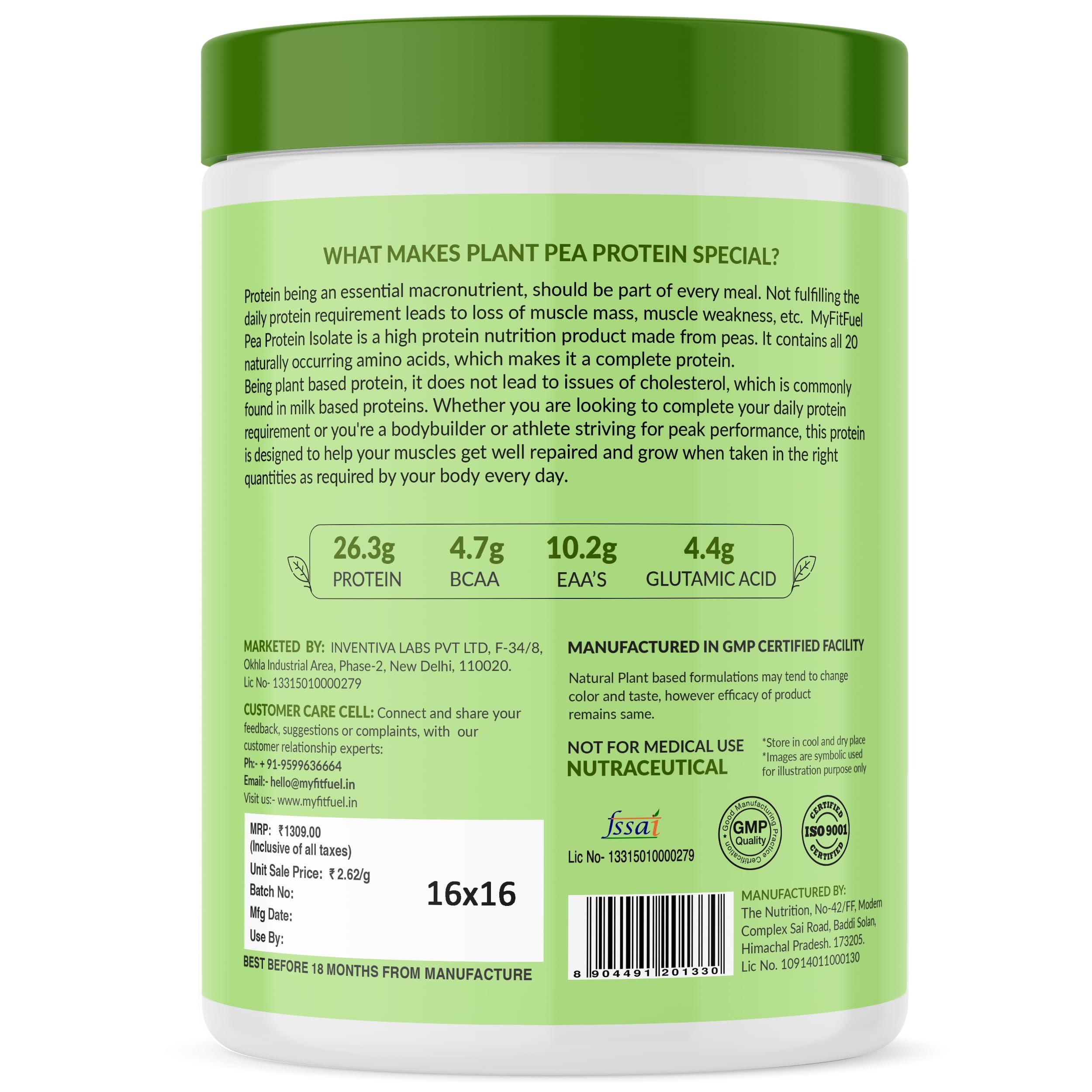 MyFitFuel MyFitFuel Clean Plant Pea Protein Isolate (26.3g Protein, 4.7g BCAA, 10.2g EAA) |Easy to Digest | Vegan Plant Protein Powder [500g, 14 Servings, (Chocolate Delight Swirl)]