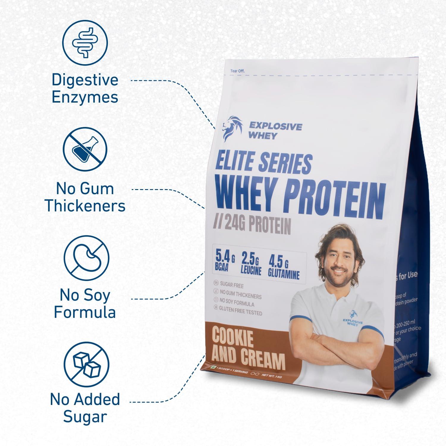 EXPLOSIVE WHEY Explosive Whey Elite Series Whey Protein - Trusted by M.S. Dhoni and Kedar Jadhav | Premium, Concentrate Sport Supplements for Enhanced Muscle Growth and Recovery (30 Servings - 1Kg, COOKIE & CREAM 24g Protein)