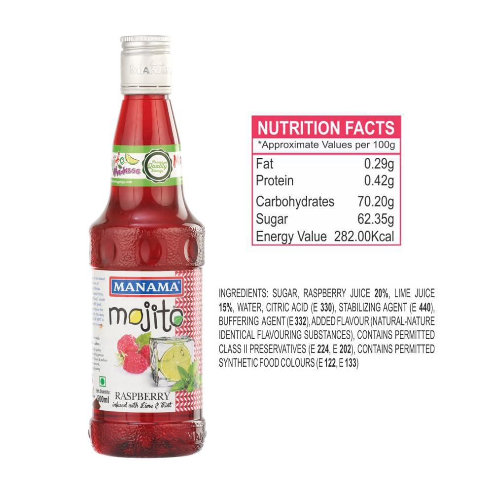 Manama Manama Ginger Mojito Syrup and Raspberry Mojito Syrup, 500ML Each, Mixer for Mocktails, Cocktails, Drinks, Juices, Beverages, Pack of 2