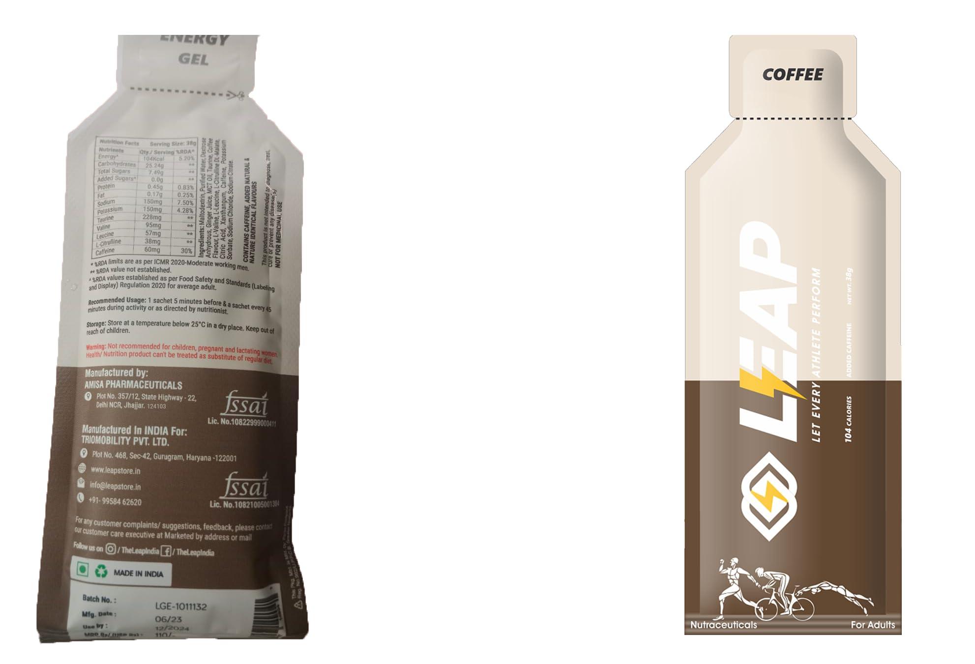LEAP Leap Energy Gel for Runners, Cyclists & Athletes -Natural Ingredients for Quick Energy & Easy Digestion - Contains Amino Acids & MCT Oil - For Pre, During, Post Work Out (Coffee-Highly Caffeinated)
