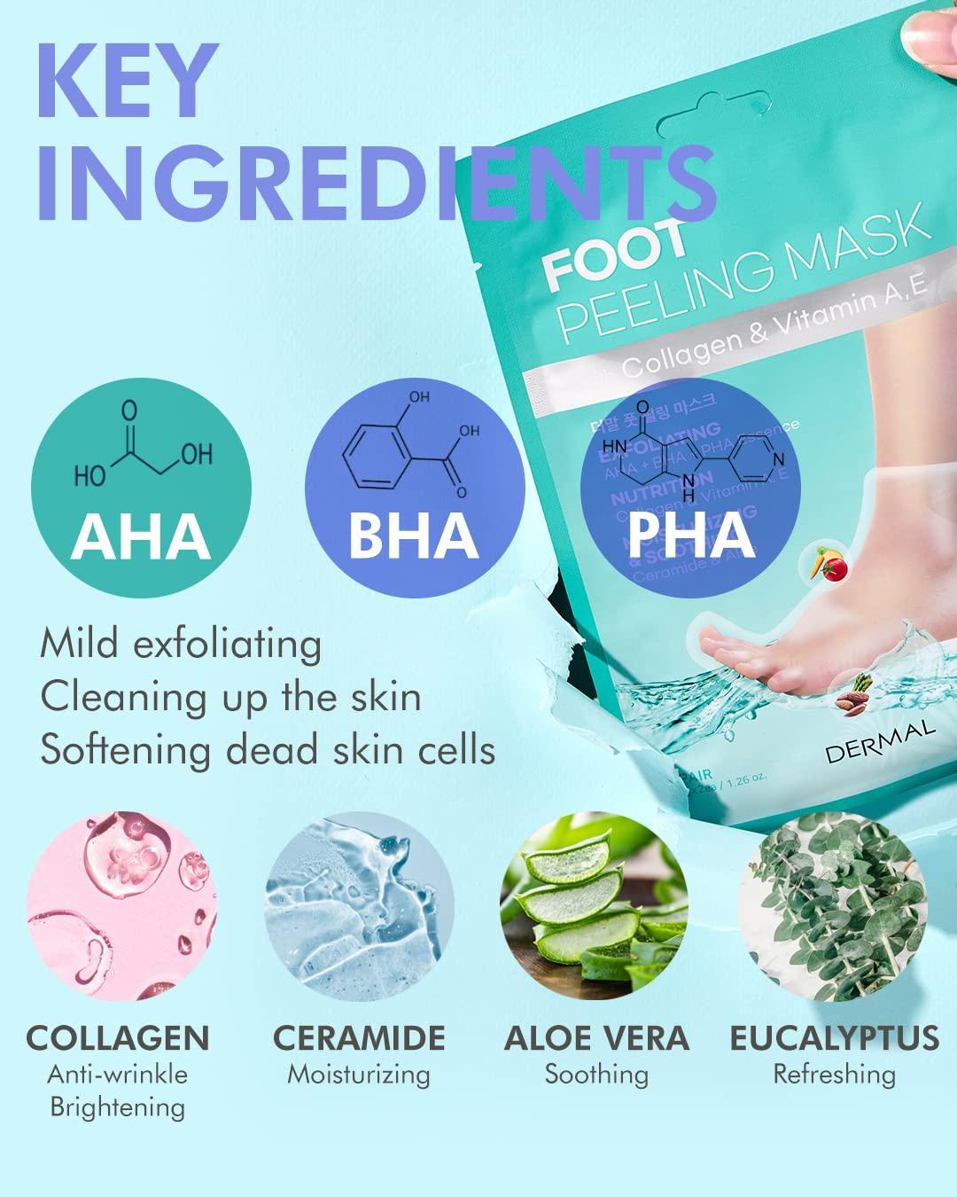 DERMAL DERMAL KOREA Foot Peeling Mask 2 Pack For Dry Foot And Cracked Heel & Callus With Aloe Vera And Collagen - Exfoliating Peel Mask With Aha, Bha, & Pha And For Moisturizing, Soothing & Refreshing Feet