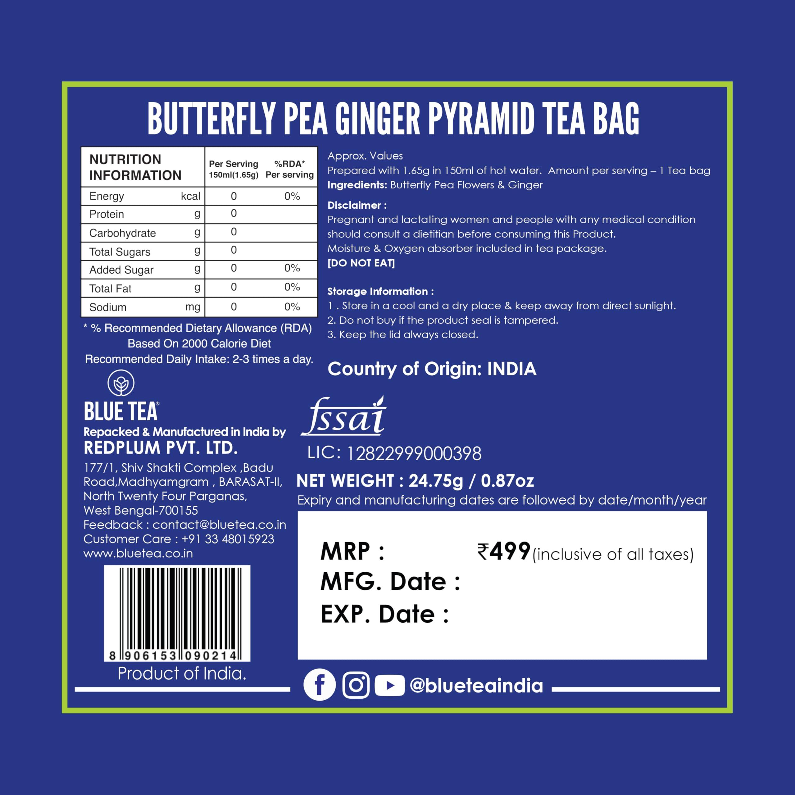 BLUE TEA BLUE TEA - Blue Flower Ginger Herbal Tea - 30 Tea Bags | PRIME SAVING DAY | Anti-Oxidant Rich | Detox Tea -Flower Based - Herbal Tea - Vegan - Caffeine Free - Natural Ingredients | Tin Pack