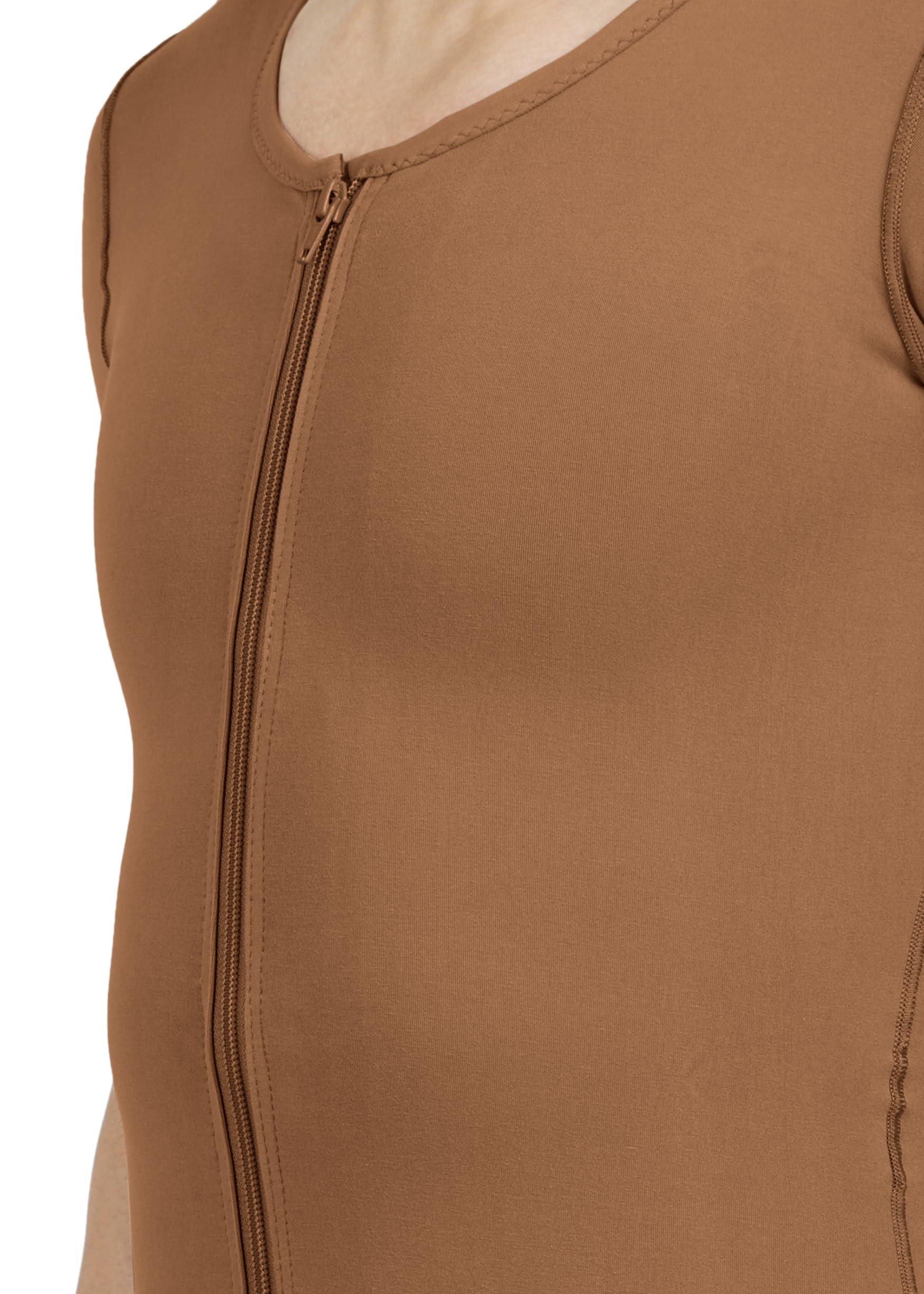 Dermapress Gynecomastia Compression Vest with Short Sleeve| HIGH Compression| Front Zip and Hook Closer| Tomboy Chest Binder| Chest, Abdomen & Back Support for Men| (Brown, M)