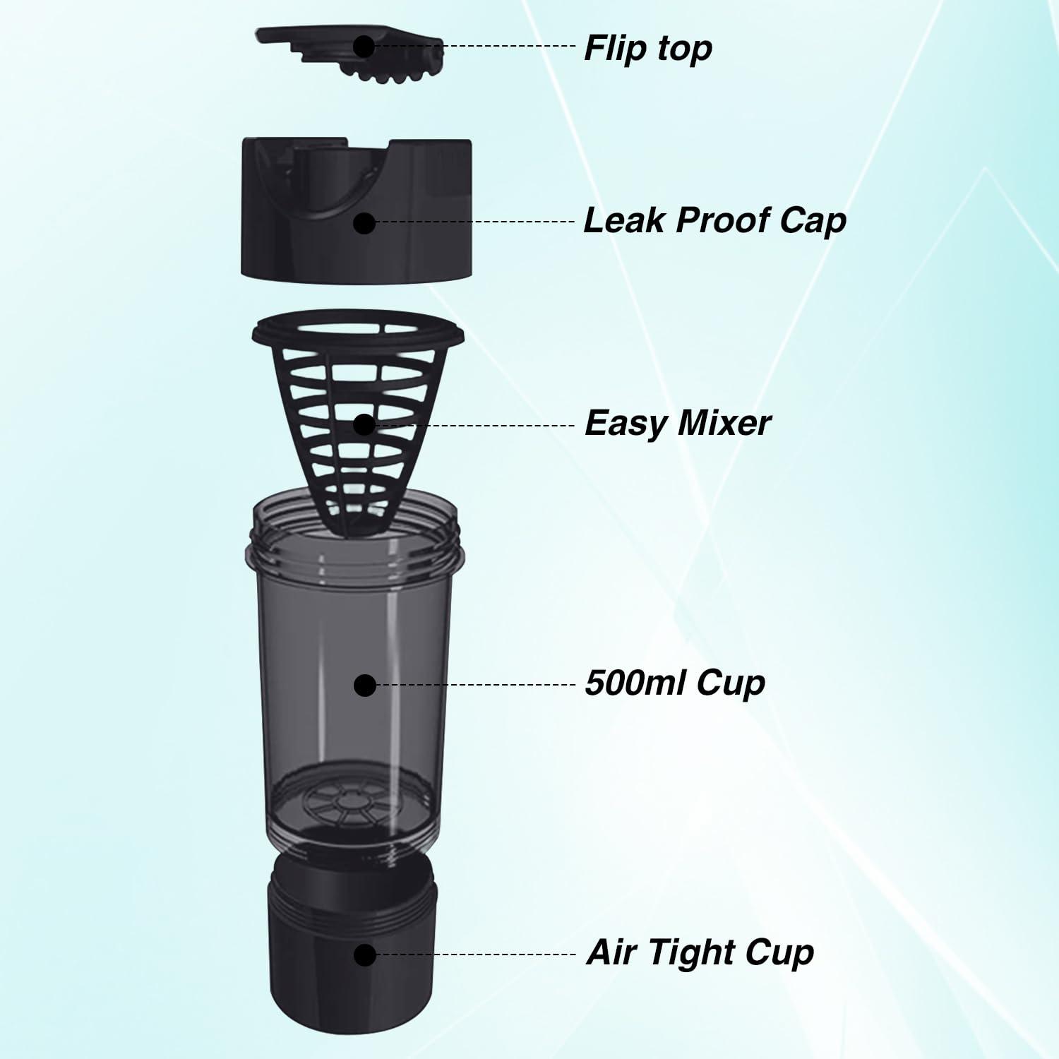 Amazon Brand - Symactive Amazon Brand - Symactive Pro Cyclone Plastic Shaker Bottle with Mixer Ball and Carry Loop | With Extra Compartment | Protein Shaker | Leak-Resistant | (Black, 500ml)