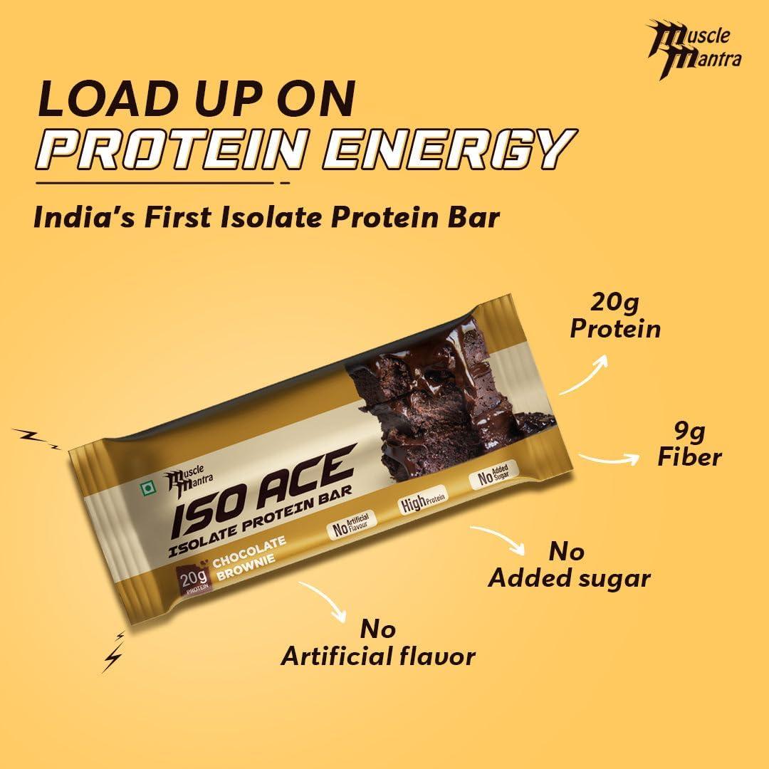 Muscle Mantra Muscle Mantra ISO ACE Isolate Protein Bar - Chocolate Brownie | High Protein & Energy Snack Bars | 20gm Protein, 9gm Fiber Bars, No Added Sugar, Gluten Free, No Artificial Flavour - (Pack of 2, 12 Bars)