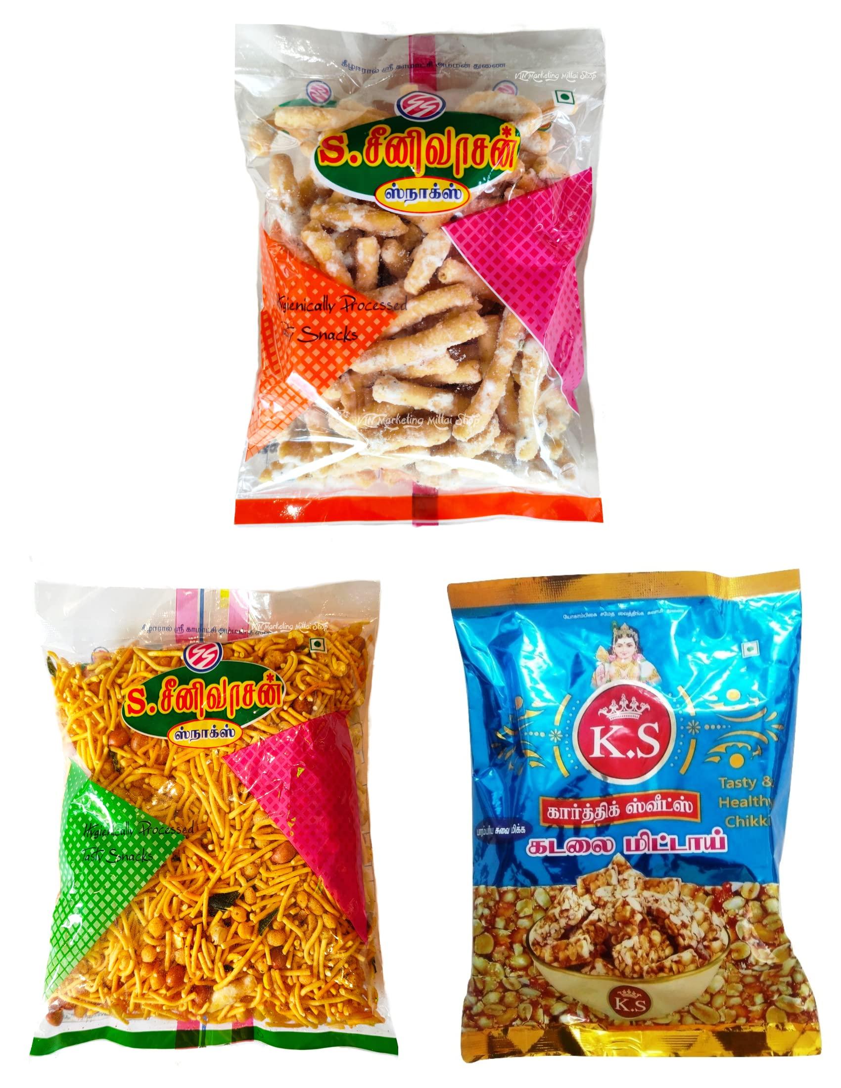 S. SEENIVASAN MITTAI KADAI S SEENIVASAN Special Sweet Sev 250g | Special Big Mixture 250g | Kovilpatti Kadalai Mittai 250g - Pack of 3 (750g)