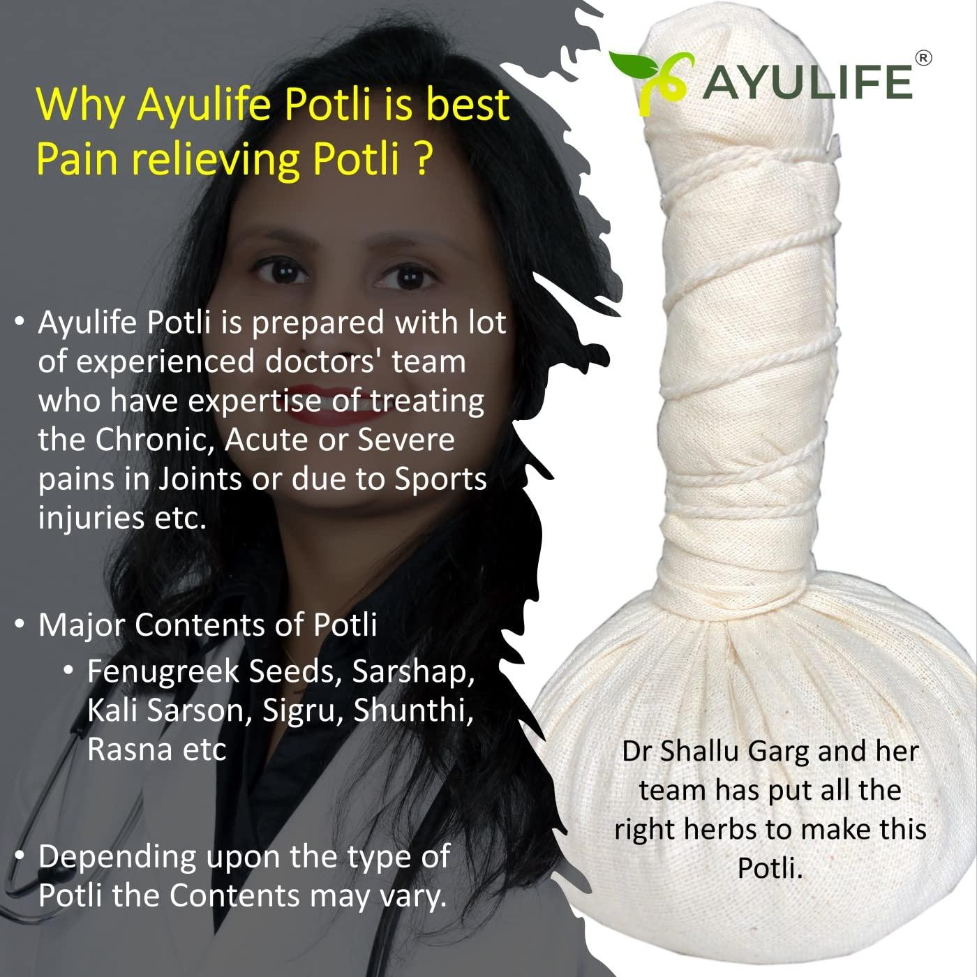 Ayulife Ayulife Ayurveda Potli Massage and Ayurveda Pain Relief Oil Combo Pack, Easy to use, Kit usable for 20 massages Suited for Pain in Lower Back, Neck, Cervical, Sciatica, Lumber (Weight 265 gram)