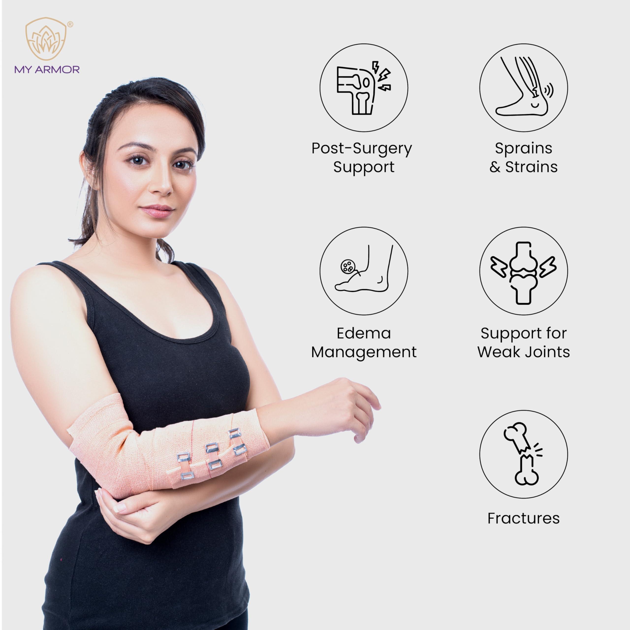 MY ARMOR MY ARMOR Cotton Crepe Bandage for Ankle, Legs, Knee, 8cm X 4mt, Pain Relief Garam Patti for Hand, Wrist, Knee, Thigh etc. for Injury & Muscle Compression, with 2 Extra Clips, Pack of 1