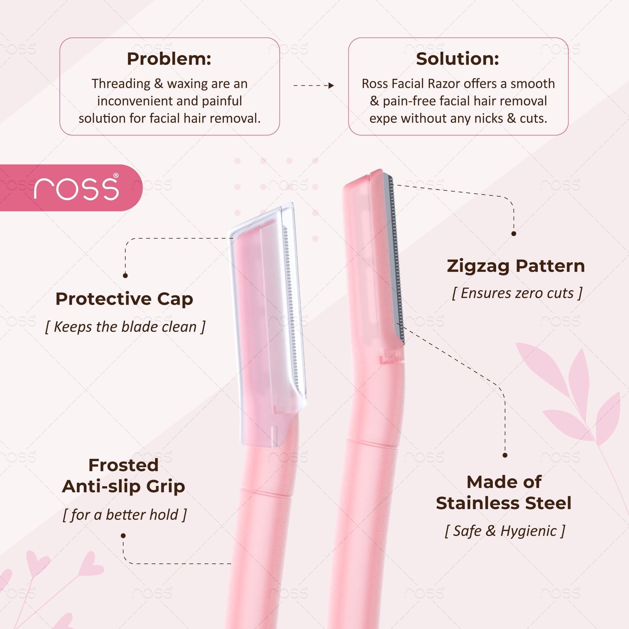 Ross Ross Facial Razor for Women | SEALED PACK | Instant & Pain Free Hair Removal | Eyebrows, Upper Lip, Forehead, Peach Fuzz, Chin, Sideburns(Packof3)