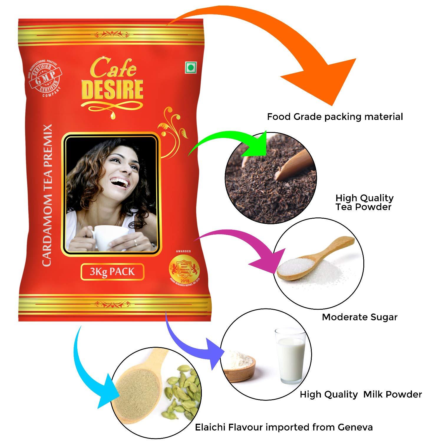 Cafe DESIRE I DRINK SUCCESS Cafe DESIRE I DRINK SUCCESS Instant Cardamom Red Range Darjeeling, Powder Tea Premix (3 Kg)|Pack Of 3 X1 Kg|Makes 250 Cups|Rich Taste As Home-Made|3 In 1 Instant Tea Premix|Just Add Hot Water