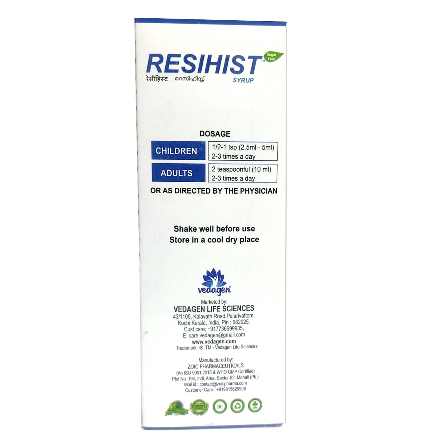 RESIHIST Resihist Sugar Free Cough & Cold Syrup I Natural Ingredients I Fast Relief From Cough, Cold, Throat Irritation, Congestion - 200ml (200ml x 1)