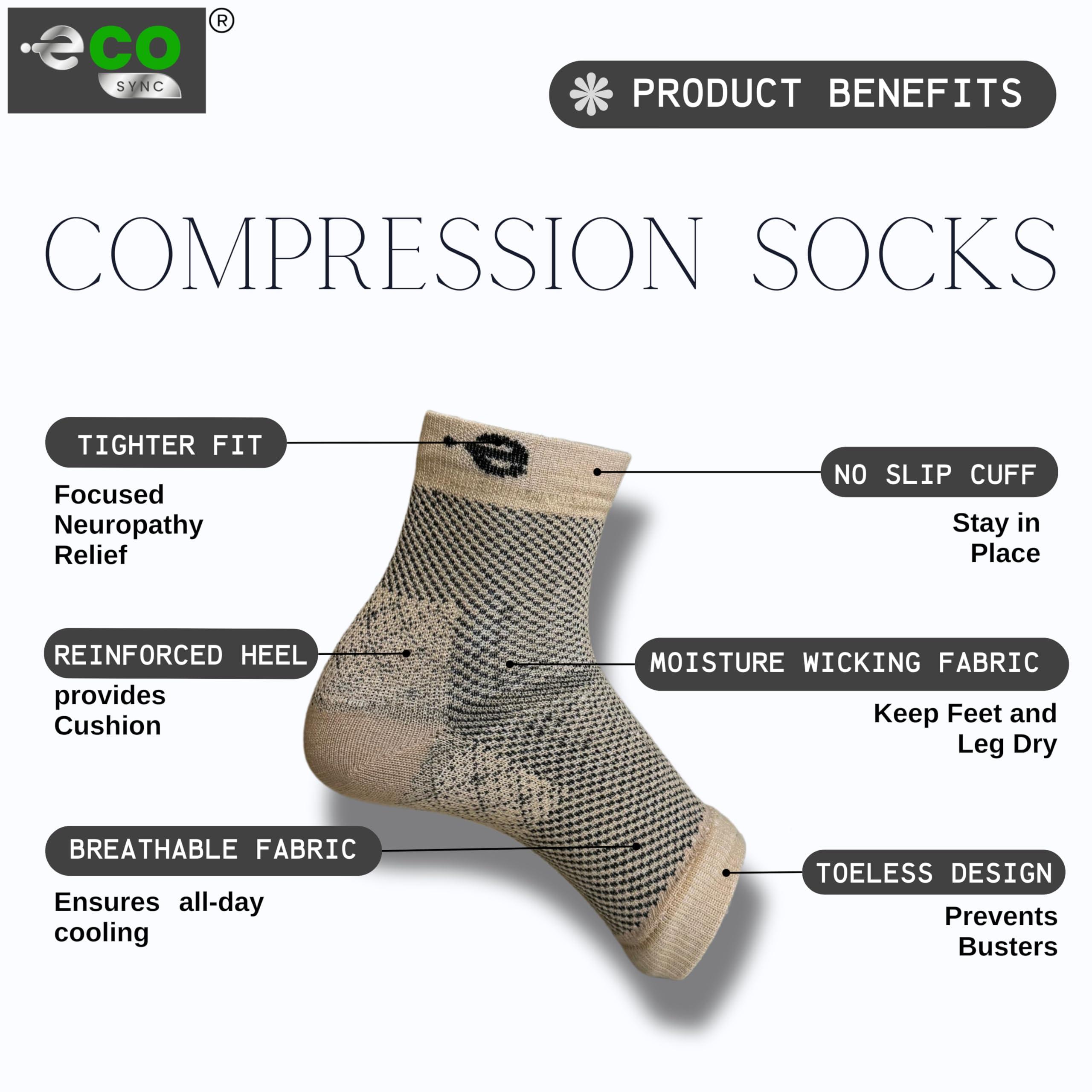 eco SYNC Compression Socks Open Toe | Bamboo Cotton Socks Women | Ecosync | Nano Socks for Men Neuropathy | Beige | Plantar Fasciitis | Arch Support | Foot & Ankle Swelling | Heel Pain | Injury Recovery