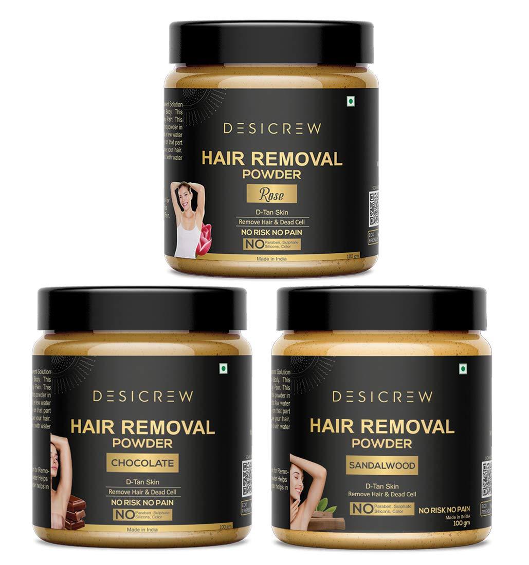 DESICREW Desicrew 100% Pure Hair Removal Powder For Underarms, Hand, Legs & Bikini Line Three in one Use For D-Tan Skin, Removing Hair, Remove Dead cell (Chocolate,Rose & Sandal)