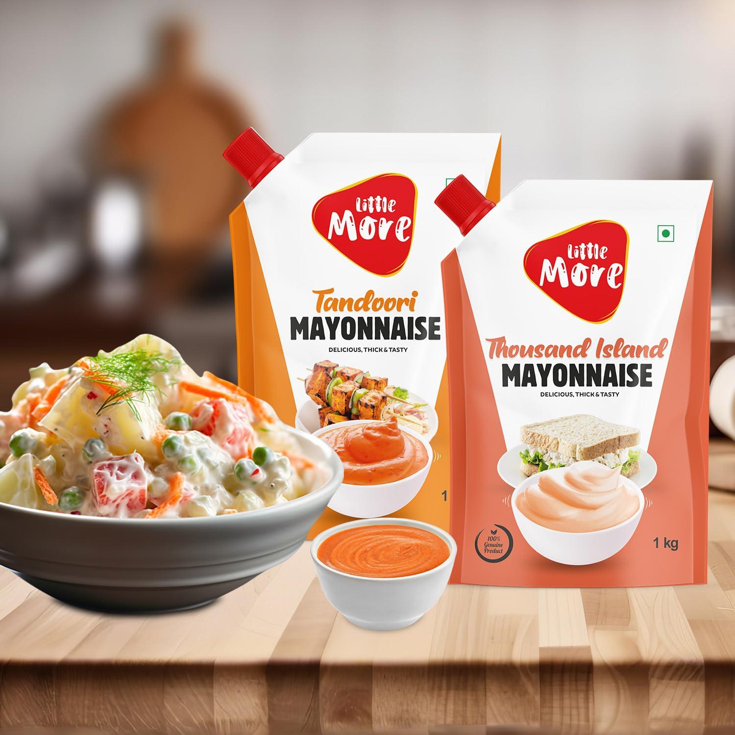 Little More Little More Mayonnaise Combo - Eggless Mayonnaise, Peri Peri Mayonnaise, Thousand Island Mayonnaise and Tandoori Mayonnaise - Pack of 4 (1 KG x 4)