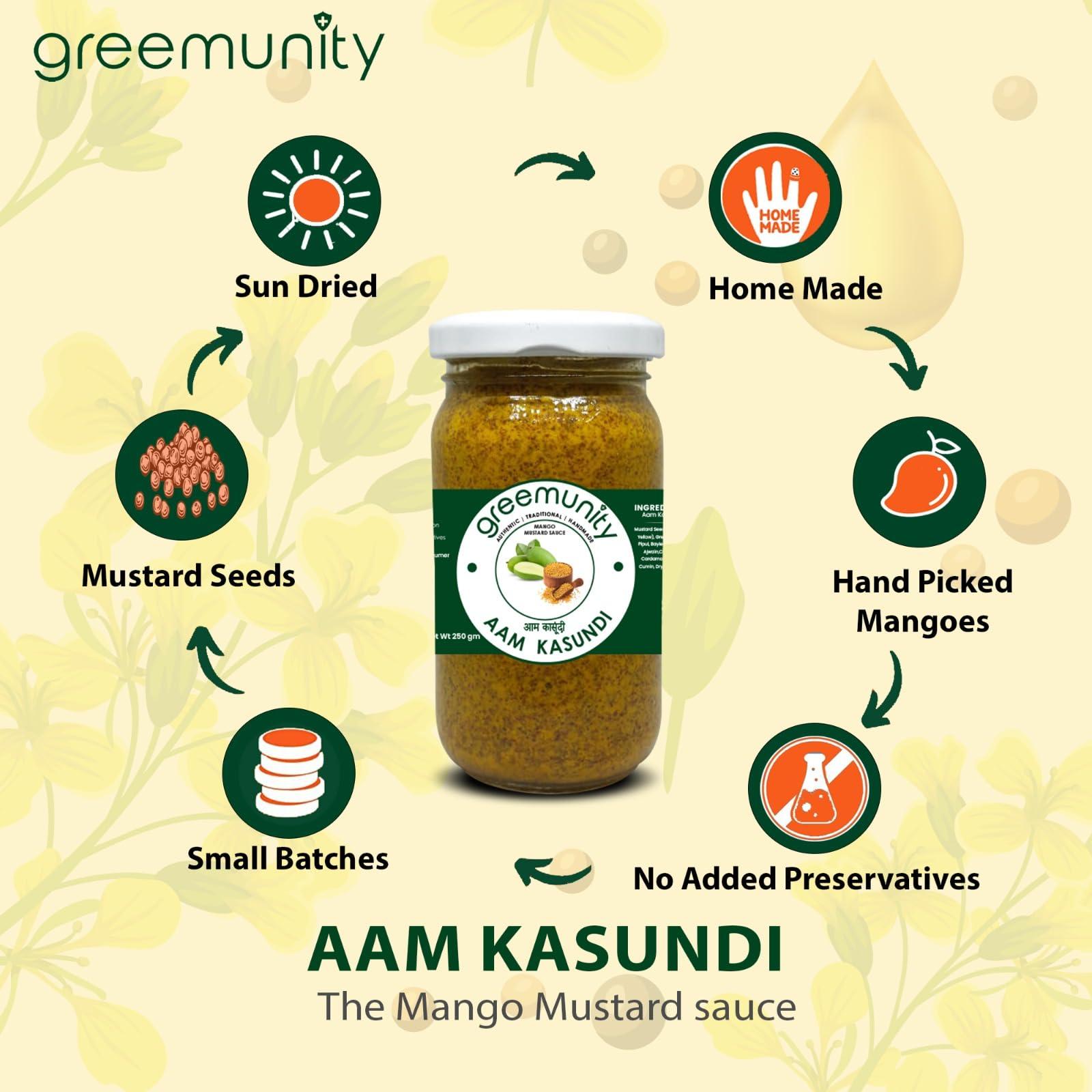 GREEMUNITY GREEMUNITY | Kasundi n Aam Kasundi Combo Pack - Original Bengali Kasundi - Authentic Handmade Orginal Bengali Kasundi n Mango Kasundi,Mustard Sauce and Mango Mustard Sauce 350 gms each [Pack of 2]