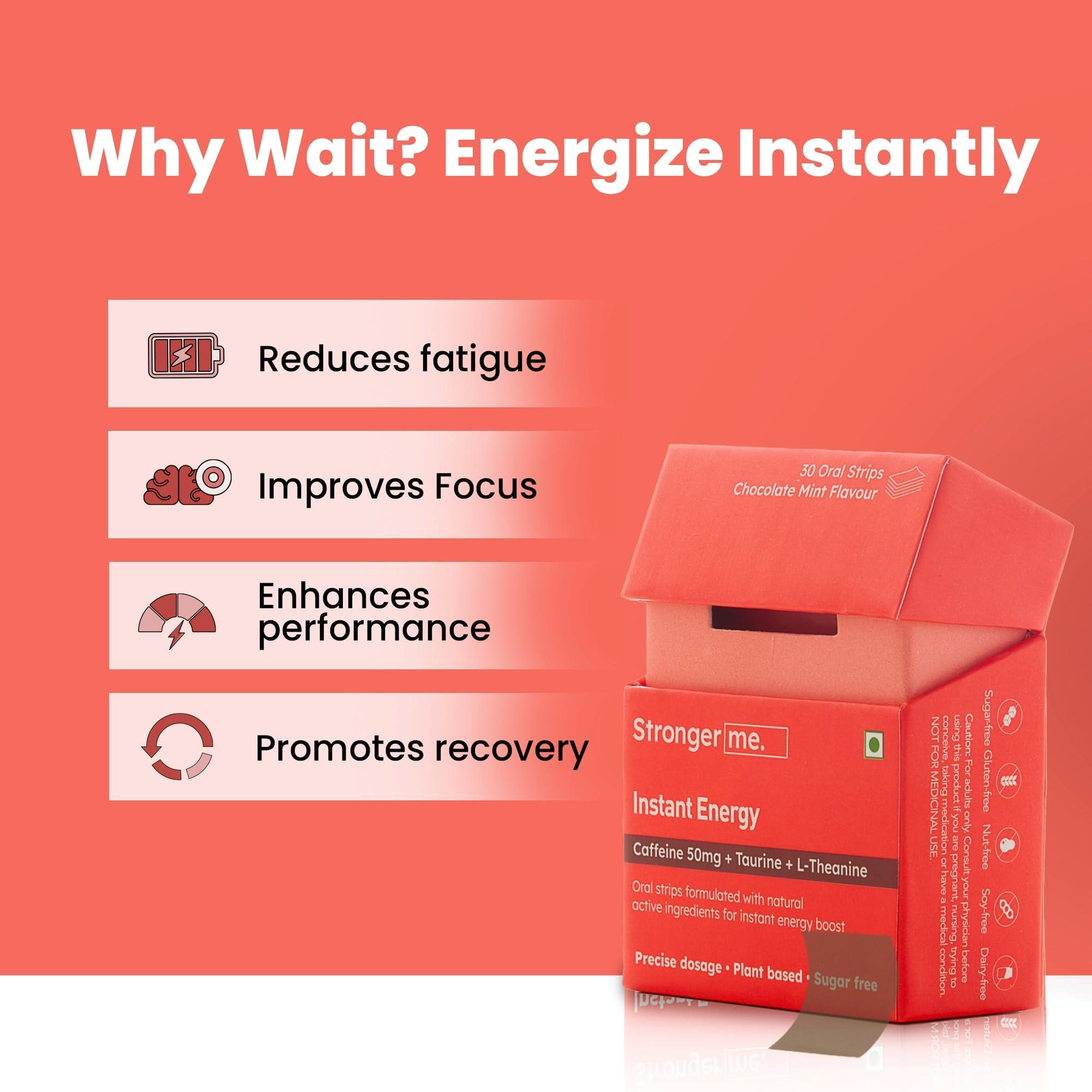 Stronger me. Stronger Me Energy Supplement with Plant Based 50 mg Caffeine, Taurine, L-Theanine, Vitamin B5, B6, B9, B12 for Enhanced Performance and Reduced Fatigue. Ideal for Pre-Workout and Sports Activities | Chocolate Mint Flavor | 30 Oral Strips.