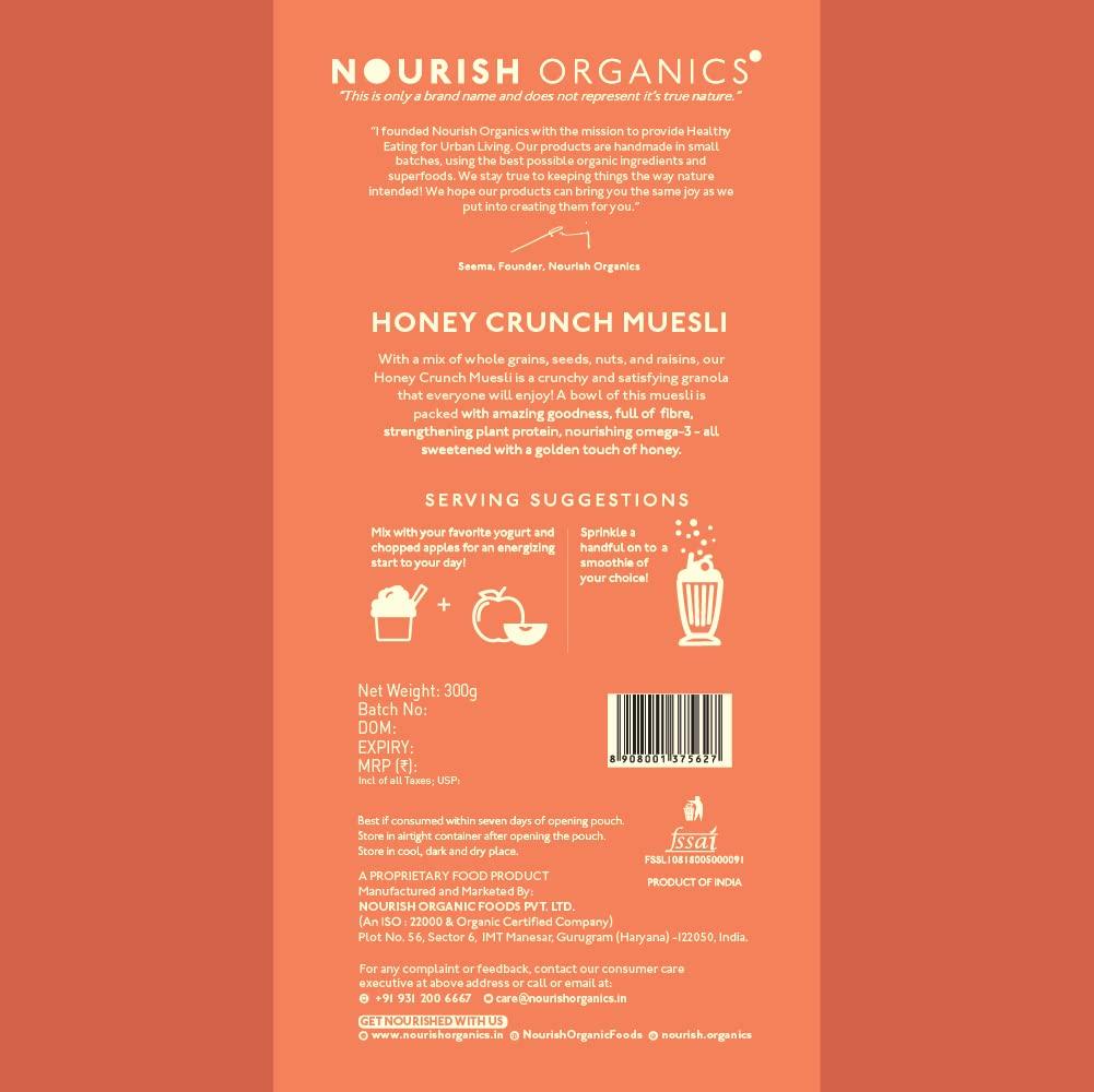 Nourish Organics Nourish Organics Honey Crunch Muesli, 300g Pack | Healthy and Nutritious Breakfast Cereals with Whole Nuts | No Refined Sugar | Clean Label