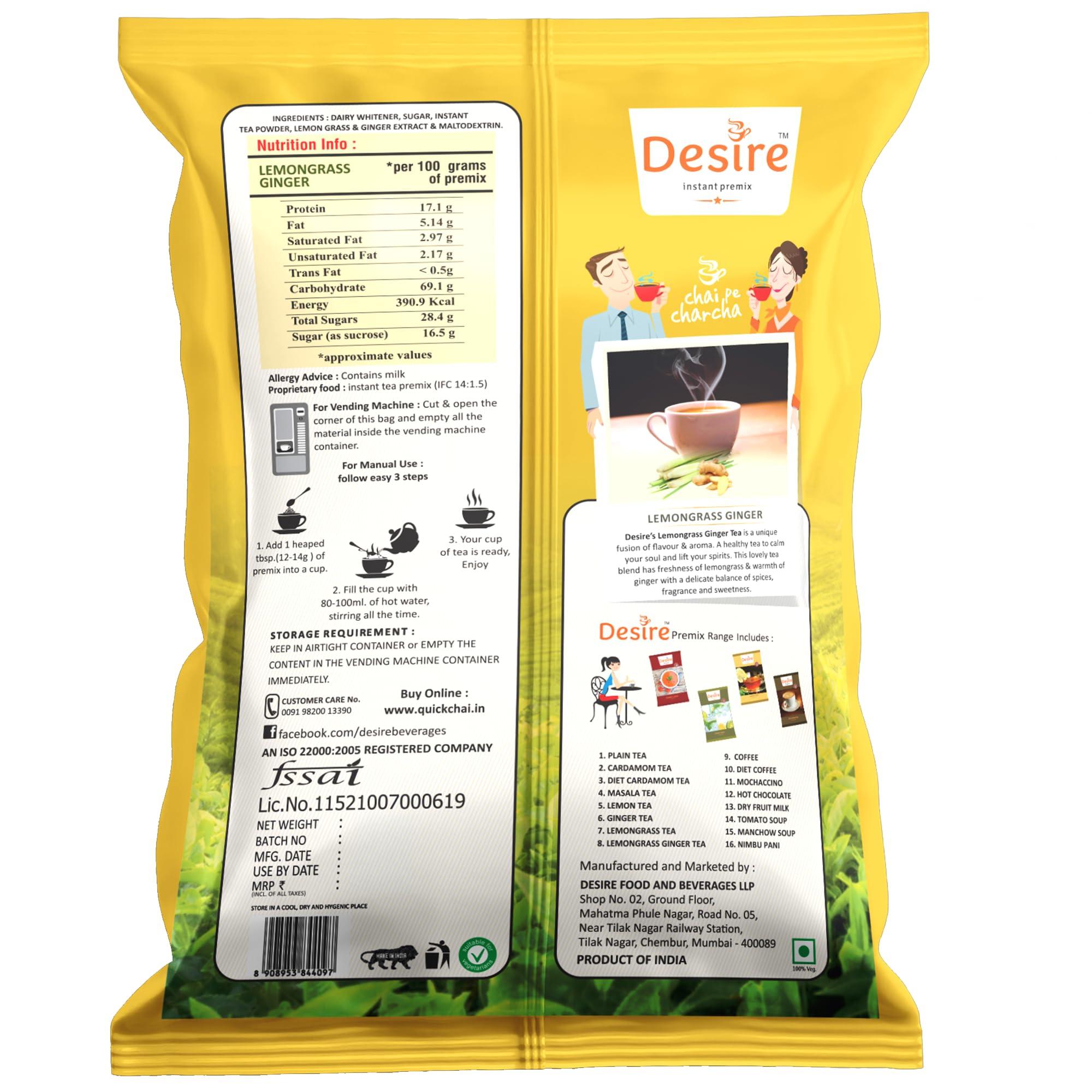 Desire instant premix Desire Instant Premix Lemongrass Ginger Tea Powder Low Sugar (Diet) - Boost Immunity Chai - Ideal for Manual or Vending Machines Use - Infused with Natural Lemongrass Plant and Ginger Extract - 500g