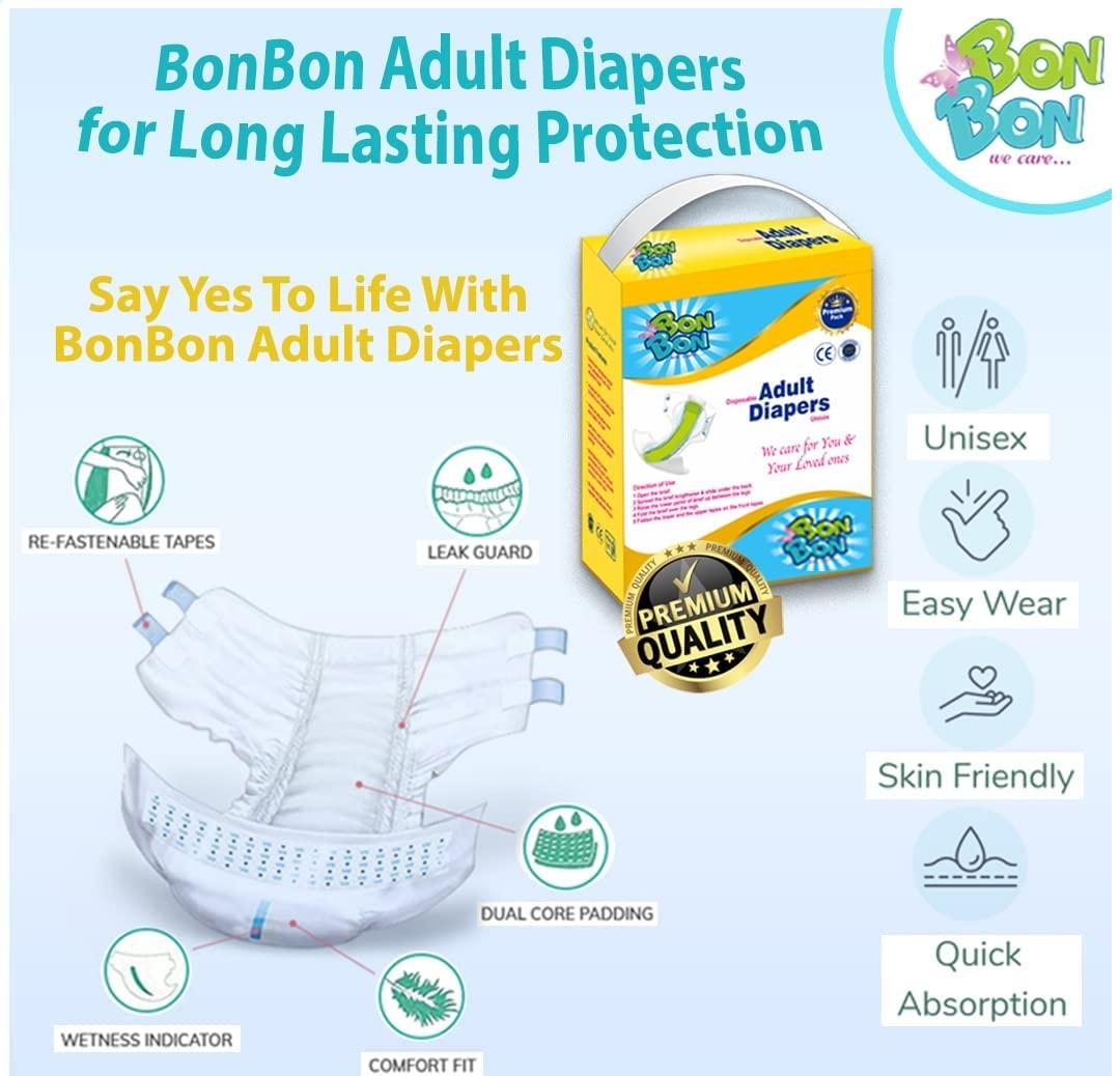 BON BON BonBon Premium Adult Diaper Tape Style Large - 10 Count with Soft Ultra Leak Guard and Anti-Bacterial Absorbent Core (L- 39-59 INCH)