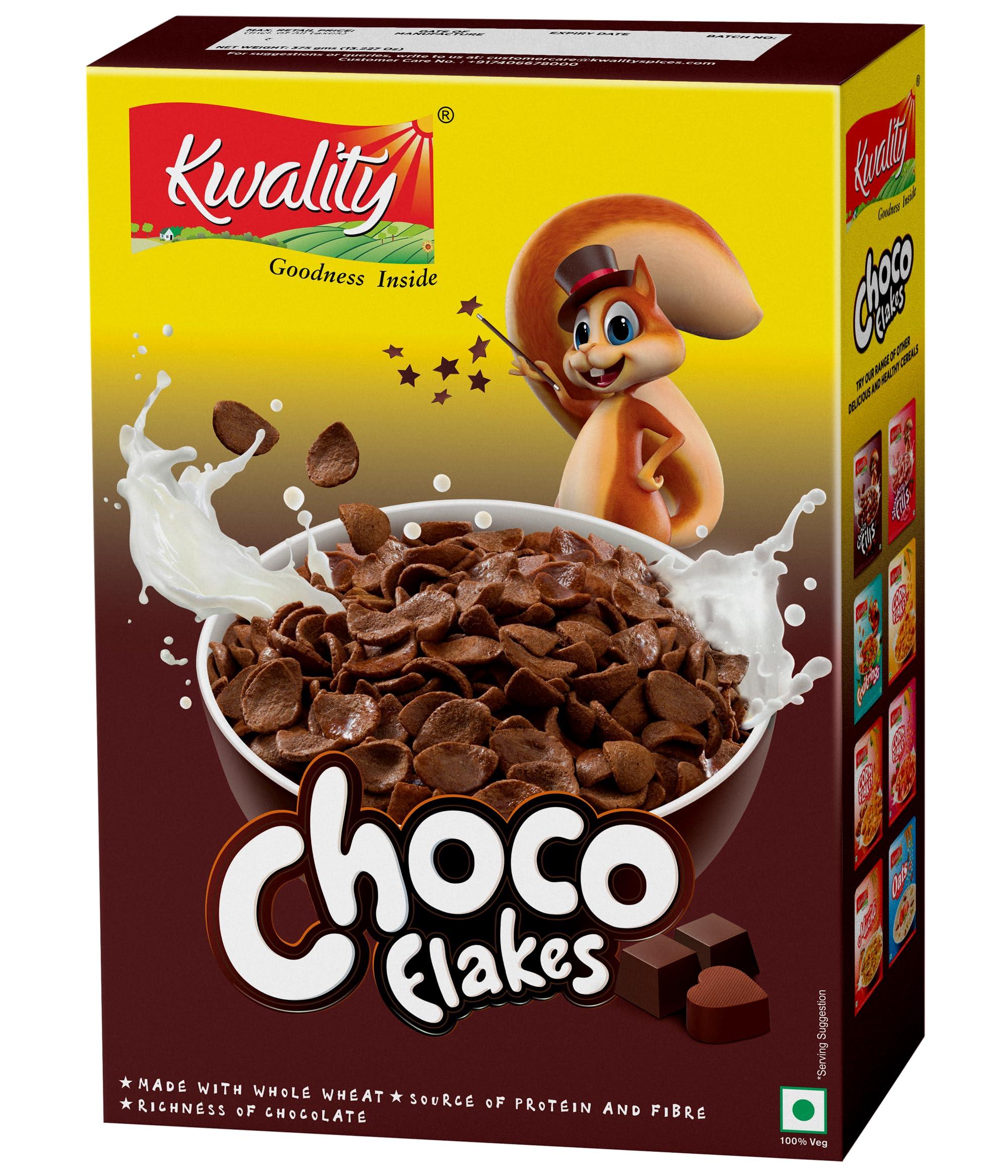 KWALITY Kwality Choco Flakes 375g (Pack 2) | Made with Whole Wheat, 0% Maida | Source of Protein & Fiber | Richness of Chocolate | Healthy Food & Breakfast Cereal for Kids