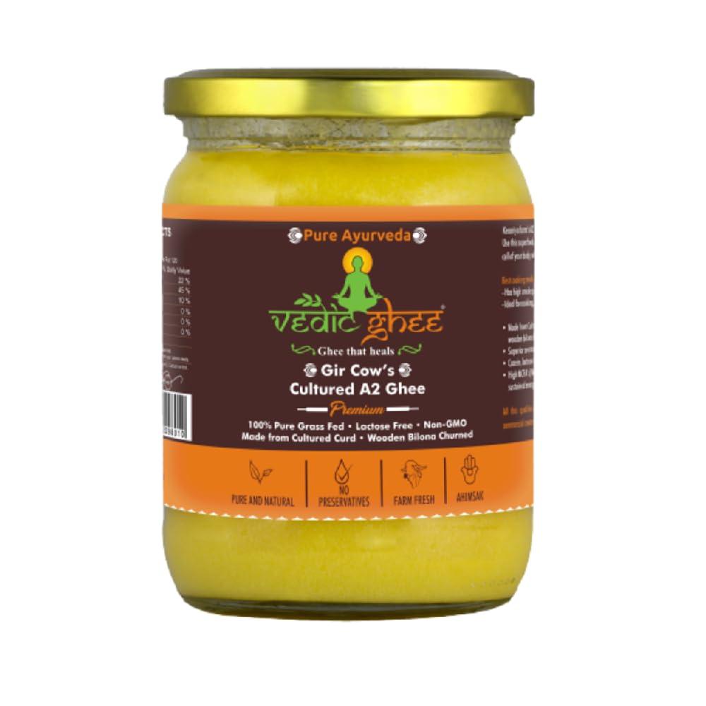 VEDIC GHEE Vedic Ghee Premium A2 Gir Cow Cultured Ghee from Kesariya Farm | Vedic Bilona Two Way Hand Churned | Indian Gir Cow Ghee, Pure A2 Ghee, Natural & Healthy, Non-GMO | Lab Certified (500ml)