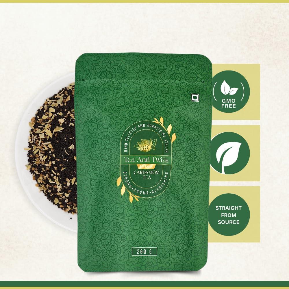 TEA AND TWIGS Tea and Twigs Cardamom Tea - 200 gm | Elaichi Tea | Premium Indian Chai with CTC Black Tea And Real Cardamom | Assam & Dooars